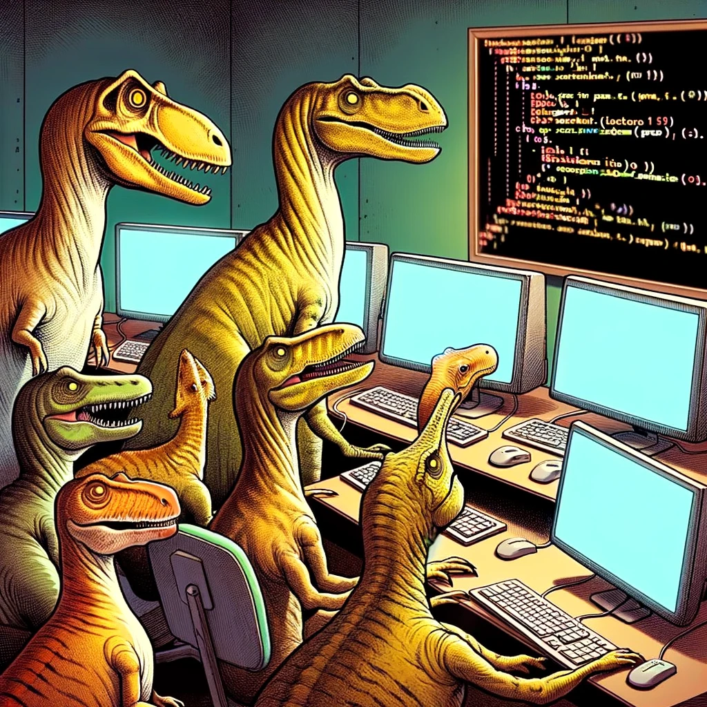 A programming meme with dinosaurs coding on computers, with the caption "Programming languages evolving: 'We've been doing this since the Cretaceous period.'"