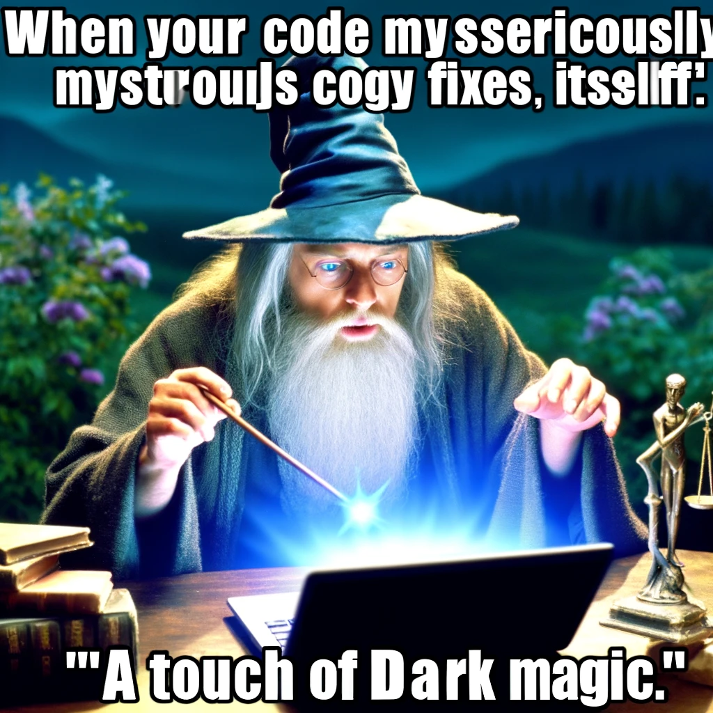 A programming meme showing a wizard casting a spell over a laptop, with the caption "When your code mysteriously fixes itself: 'A touch of dark magic.'"