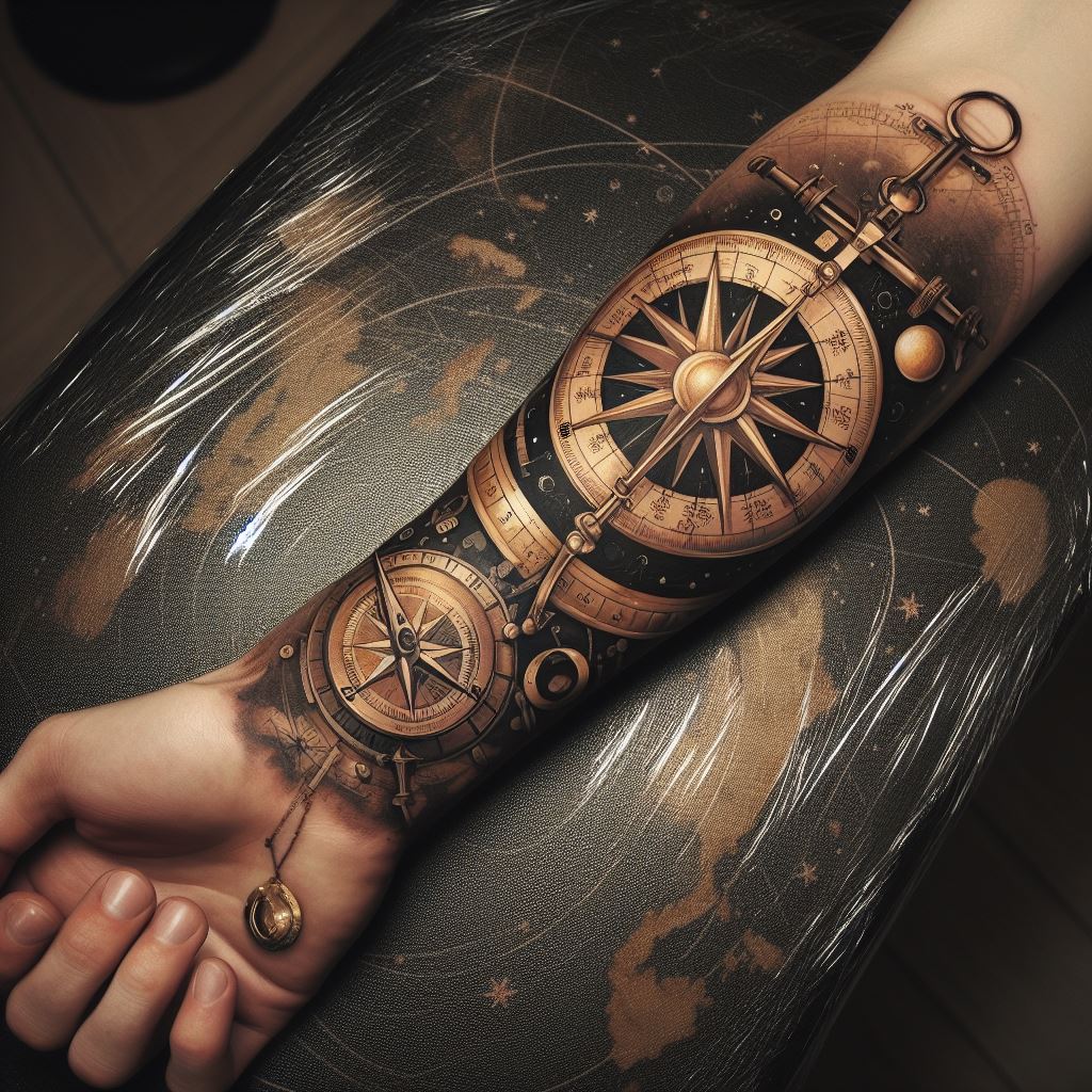 "A forearm tattoo that charts the ancient art of celestial navigation, featuring a sextant, compass, celestial bodies like the sun, moon, and stars, and nautical maps. This design should blend these elements in a cohesive journey from wrist to elbow, symbolizing guidance and exploration. The tattoo should employ a muted color palette with hints of gold to highlight the instruments and celestial objects, set against a skin-tone backdrop to accentuate the theme of navigation and discovery."