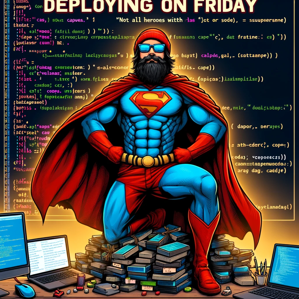 A programming meme featuring a programmer with a superhero cape standing on a mountain of code, with the caption "Deploying on a Friday: 'Not all heroes wear capes.'"