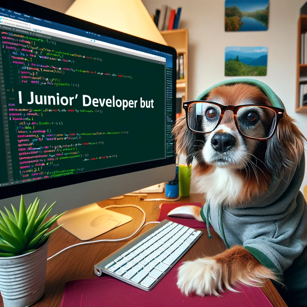 A programming meme showing a dog sitting at a computer with glasses, looking serious, with the caption "When you're a 'junior' developer but the team depends on you."