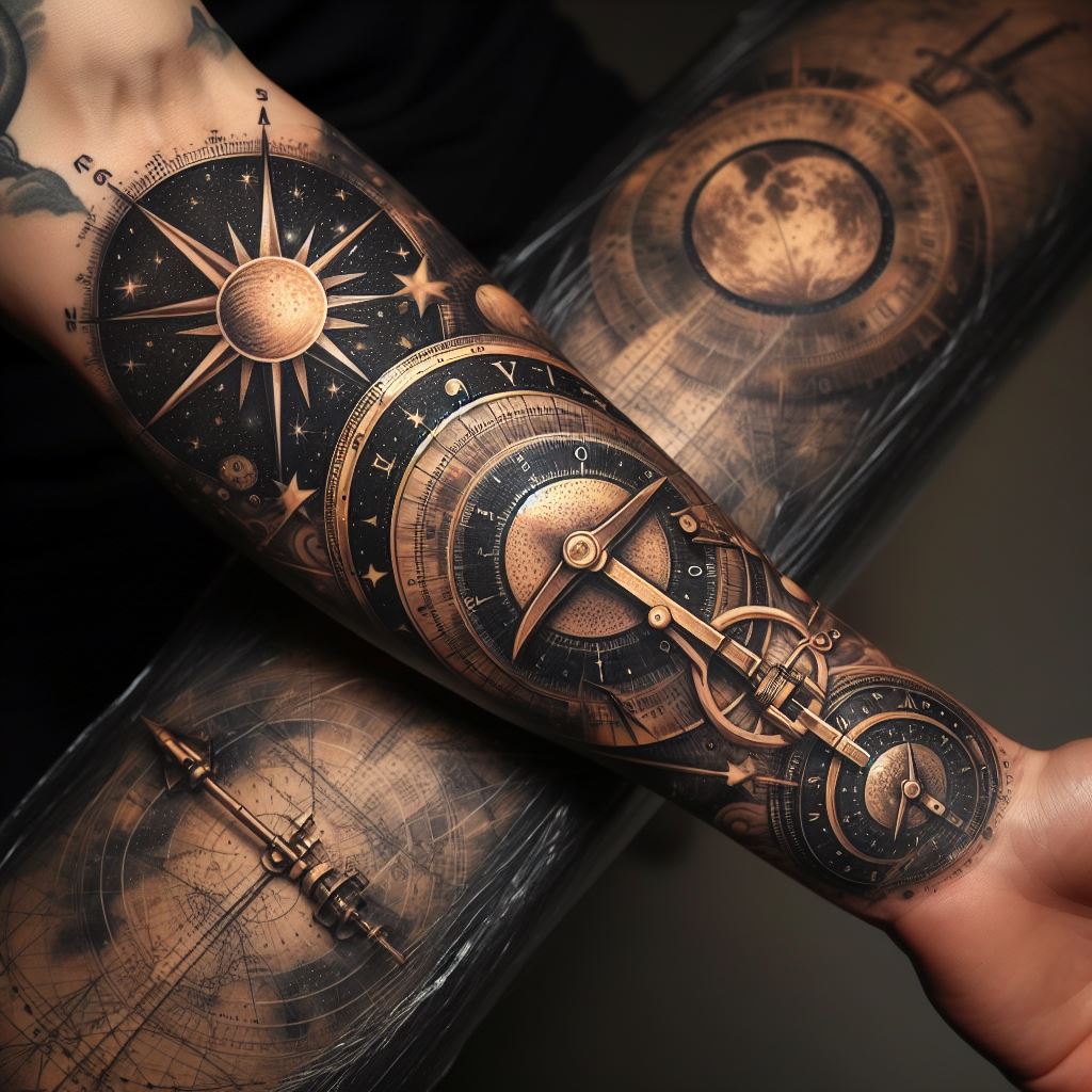 "A forearm tattoo that charts the ancient art of celestial navigation, featuring a sextant, compass, celestial bodies like the sun, moon, and stars, and nautical maps. This design should blend these elements in a cohesive journey from wrist to elbow, symbolizing guidance and exploration. The tattoo should employ a muted color palette with hints of gold to highlight the instruments and celestial objects, set against a skin-tone backdrop to accentuate the theme of navigation and discovery."