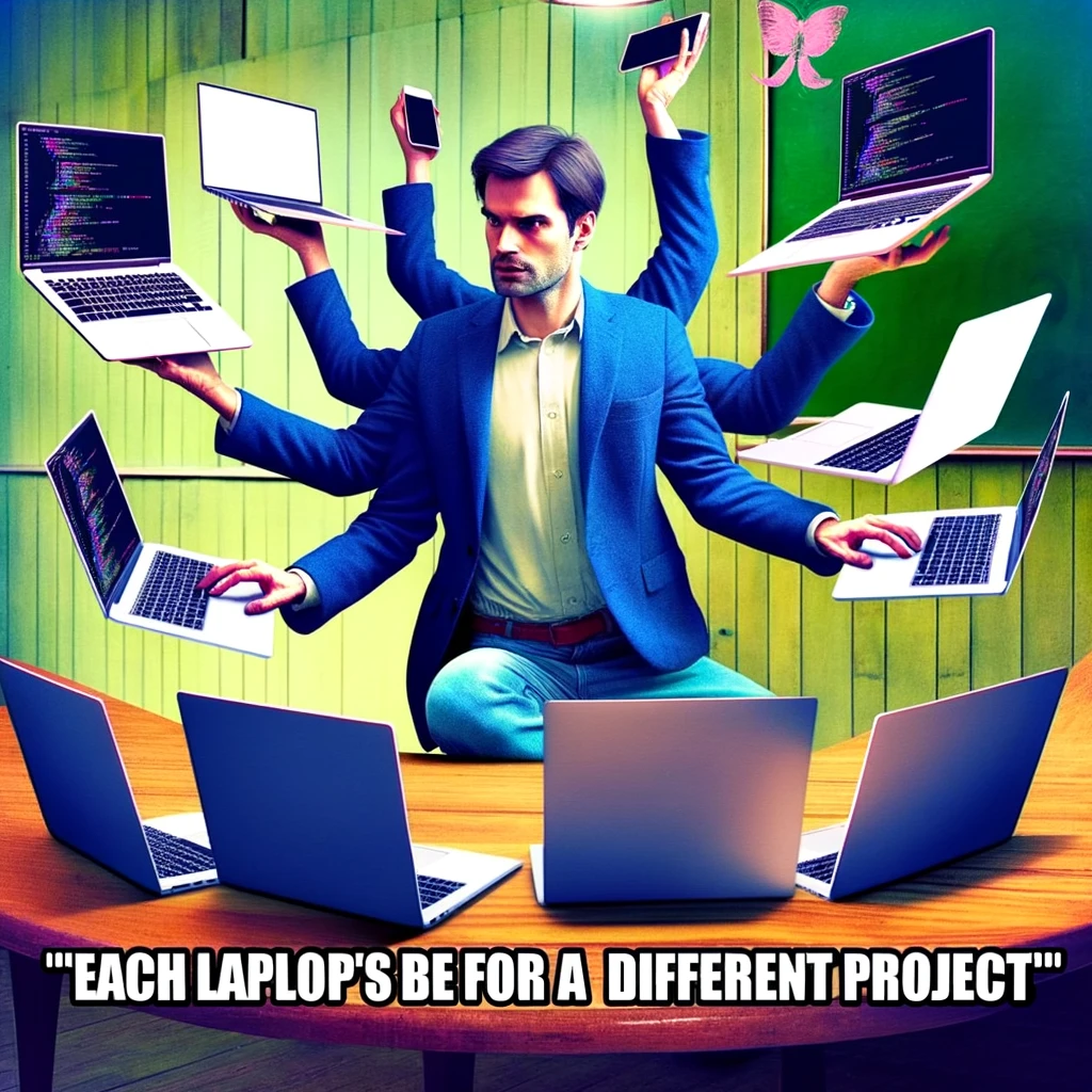 A programming meme showing a programmer juggling multiple laptops, with the caption "Multitasking like: 'Each laptop is for a different project.'"