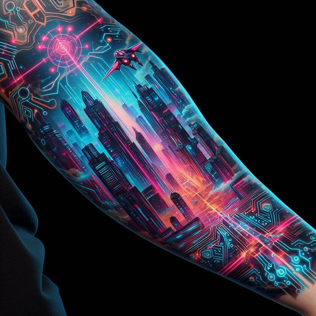 "A forearm tattoo that plunges into a cyberpunk universe, showcasing a neon-lit cityscape with towering skyscrapers, flying vehicles, and digital circuitry motifs. This design should capture the essence of a futuristic metropolis, pulsing with energy. Utilize vibrant neon colors against darker shades to create contrast and depth, wrapping the arm in a visual narrative that speaks to the fusion of technology and urban life."