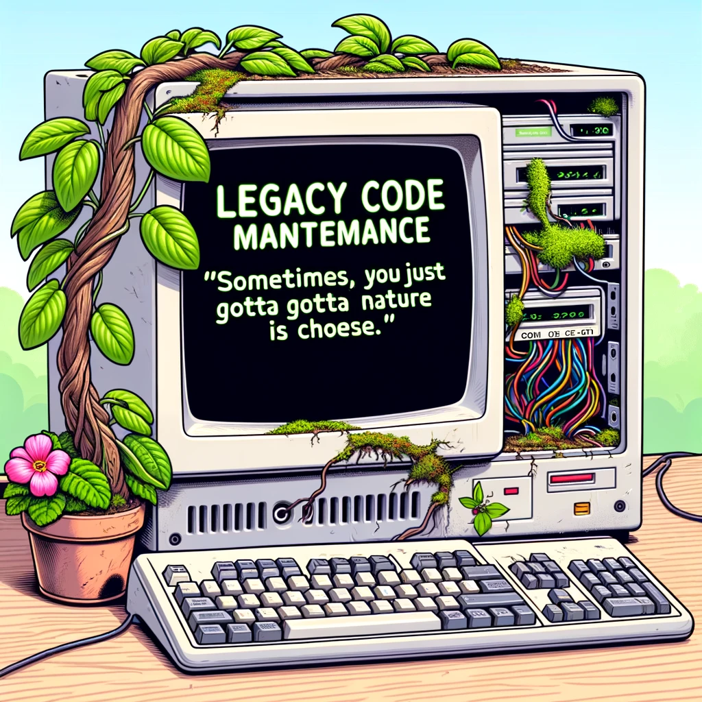 A programming meme featuring an old computer with a plant growing out of it, with the caption "Legacy code maintenance: 'Sometimes, you just gotta let nature take its course.'"