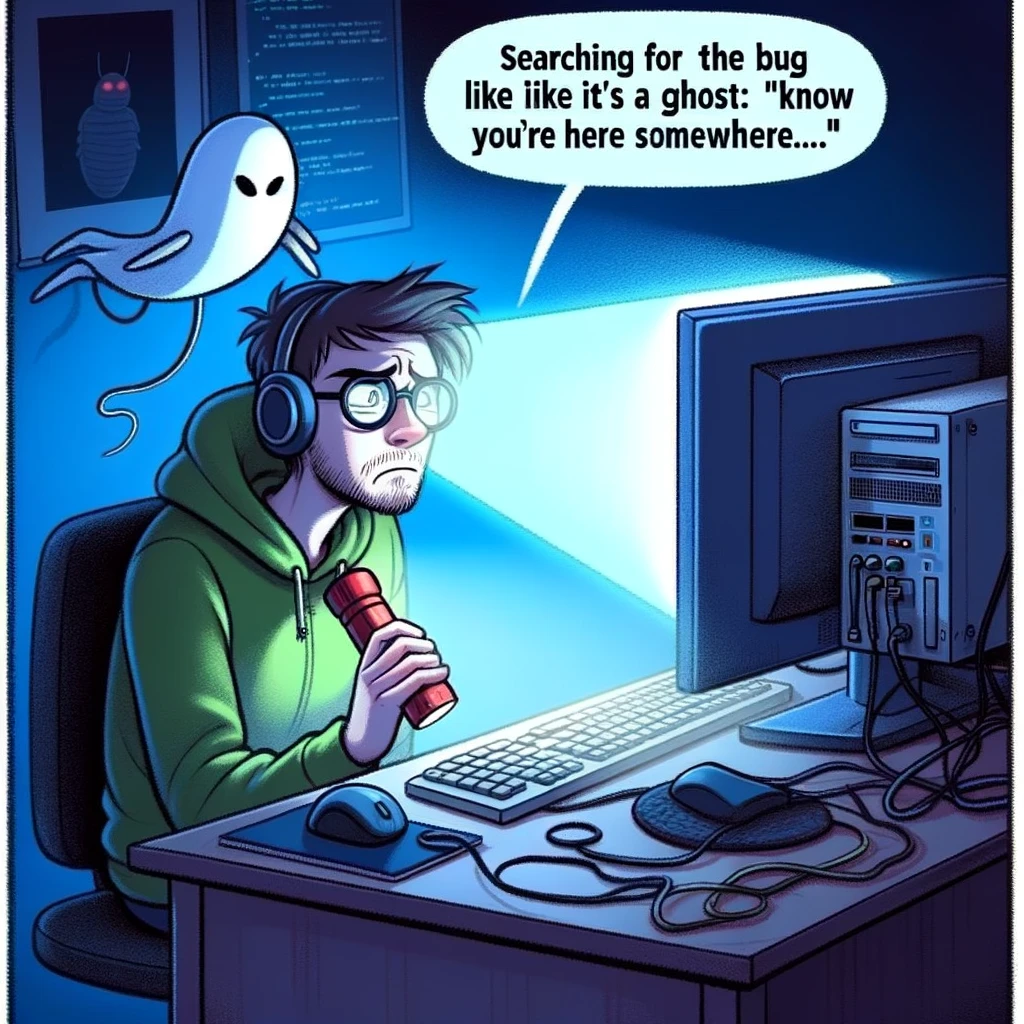 A programming meme showing a programmer with a flashlight looking behind a computer, with the caption "Searching for the bug like it's a ghost: 'I know you're here somewhere...'"