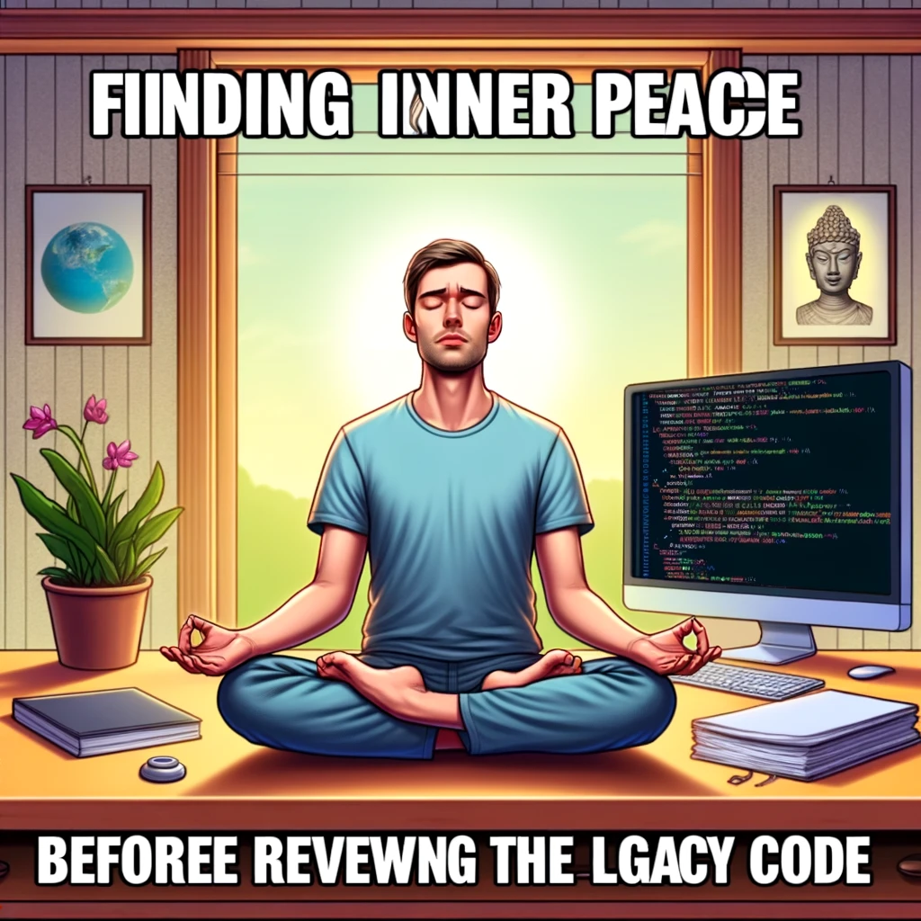 A programming meme showing a person meditating in front of a computer, with the caption "Finding inner peace before reviewing the legacy code."