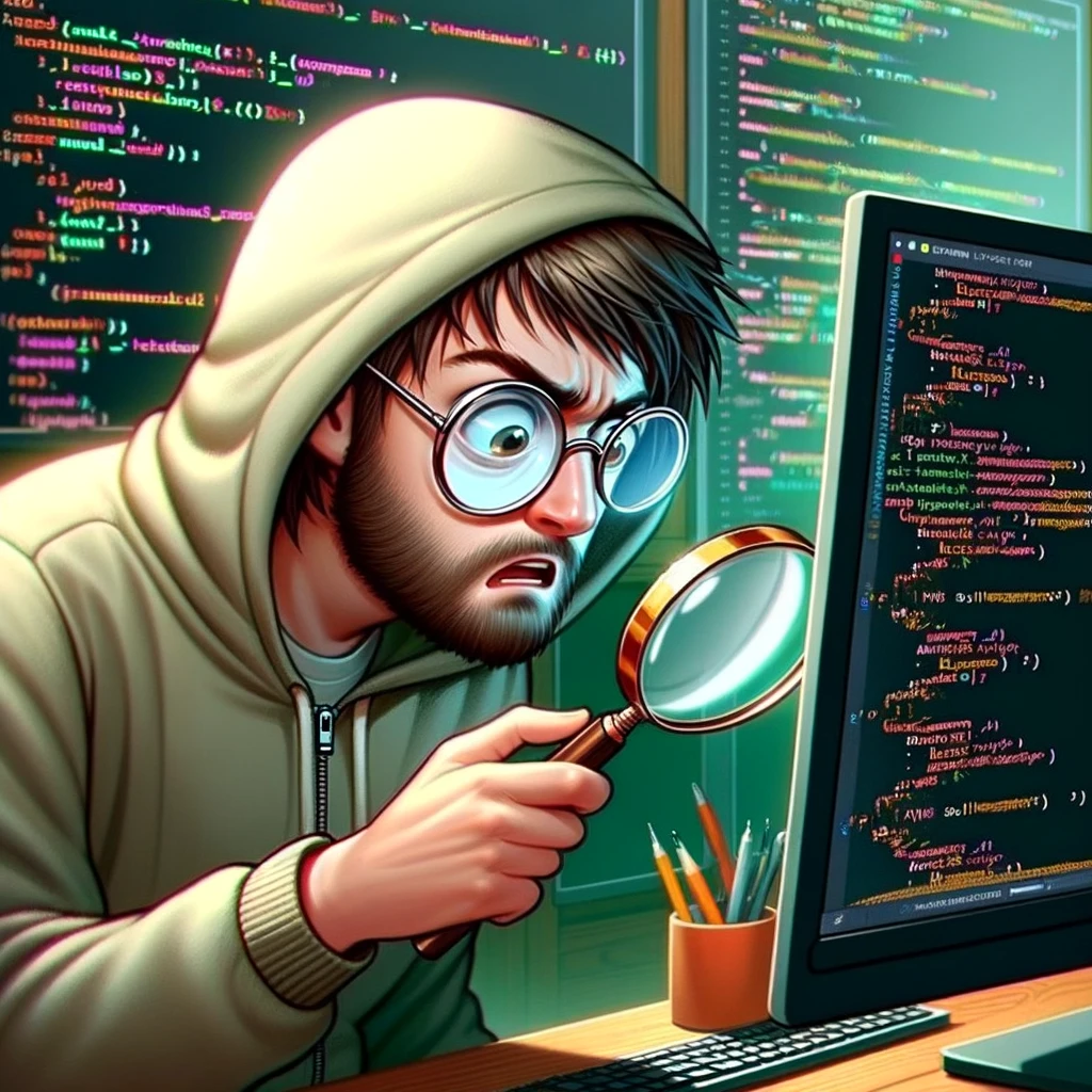 A programming meme showing a programmer with a magnifying glass examining a line of code, with the caption "When you spend hours on a bug and it turns out to be a typo."