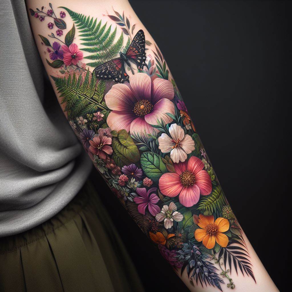 A tattoo that blooms across the forearm like a lush botanical garden, featuring an array of exotic flowers, ferns, and perhaps a hidden butterfly or hummingbird. This design should be a celebration of biodiversity, with each element rendered in life-like detail, from delicate petals to intricate leaf patterns. Employ a rich palette of greens, pinks, purples, and yellows to bring the garden to life, against a backdrop that enhances the natural beauty of the flora and fauna.