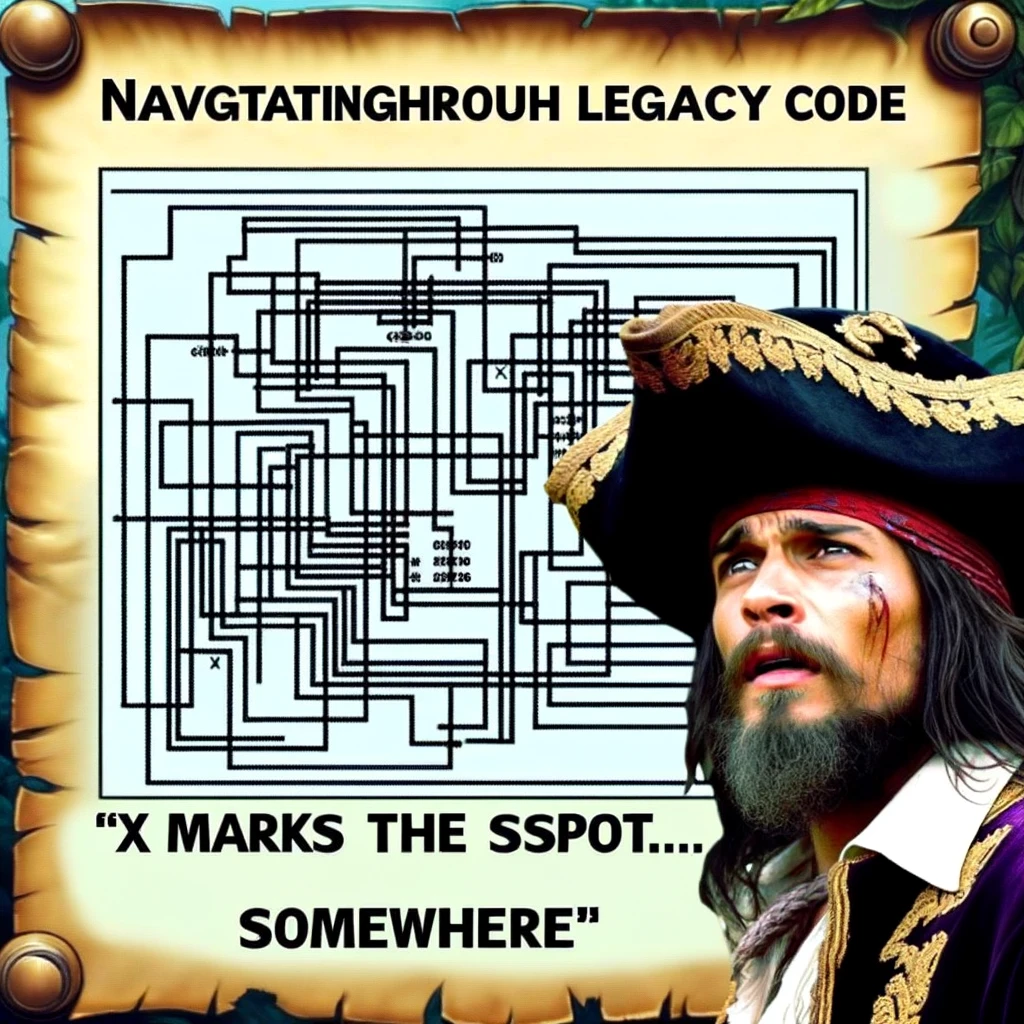 A programming meme showing a pirate looking at a treasure map but the map is a complex flowchart, with the caption "Navigating through legacy code: 'X marks the spot... somewhere.'"