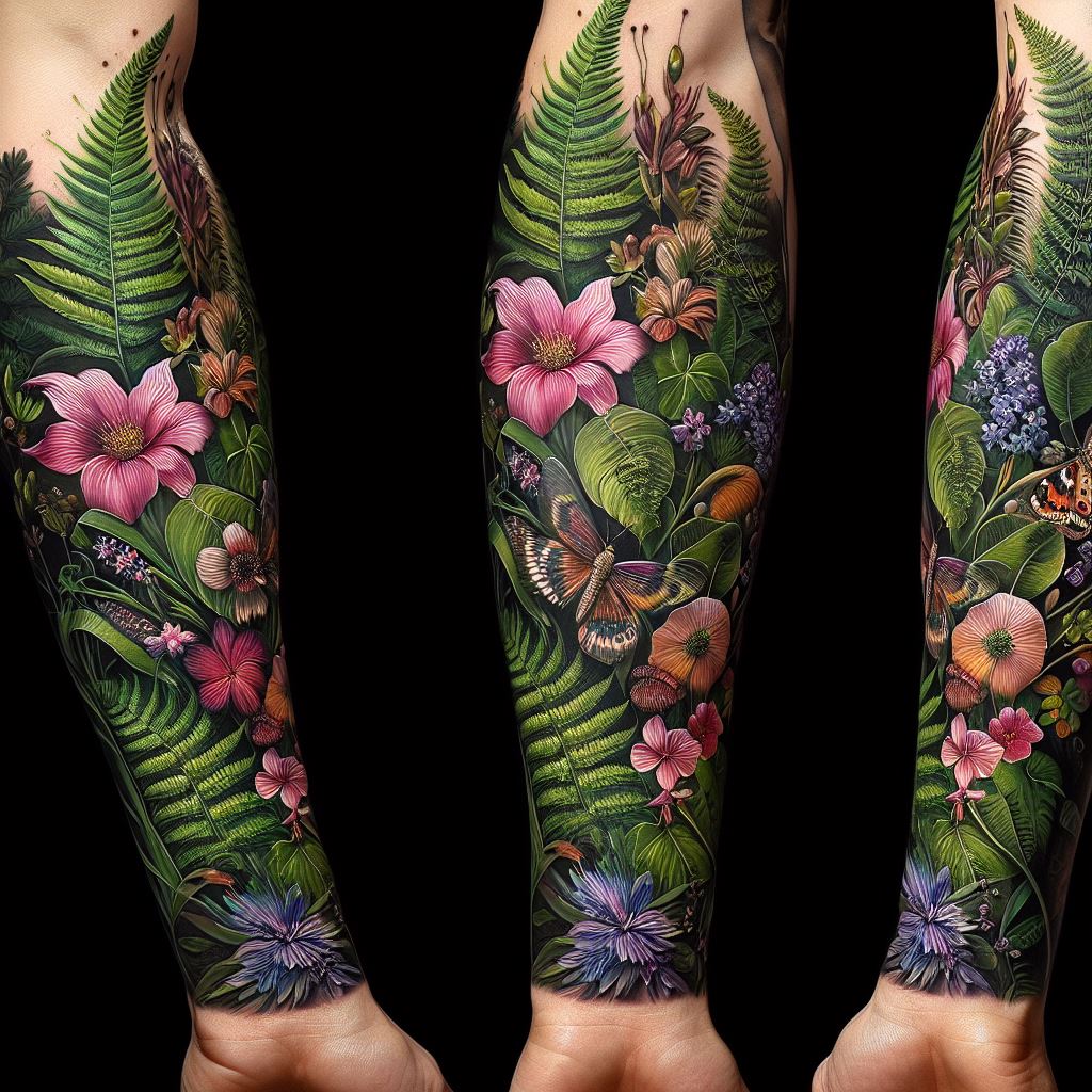 A tattoo that blooms across the forearm like a lush botanical garden, featuring an array of exotic flowers, ferns, and perhaps a hidden butterfly or hummingbird. This design should be a celebration of biodiversity, with each element rendered in life-like detail, from delicate petals to intricate leaf patterns. Employ a rich palette of greens, pinks, purples, and yellows to bring the garden to life, against a backdrop that enhances the natural beauty of the flora and fauna.