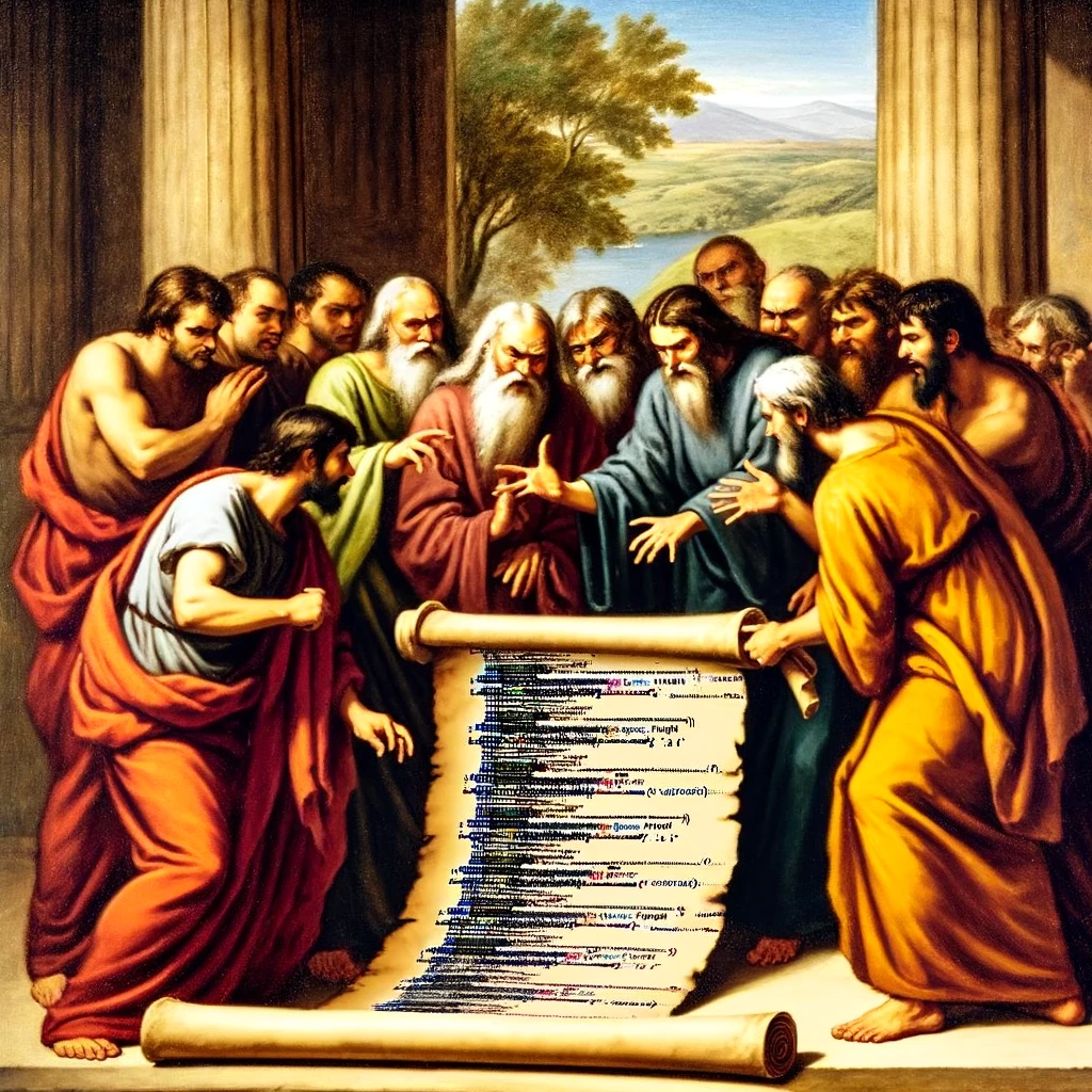 A programming meme showing a group of ancient philosophers arguing around a scroll, which is actually a long piece of code, with the caption "When the team debates the best coding practices."