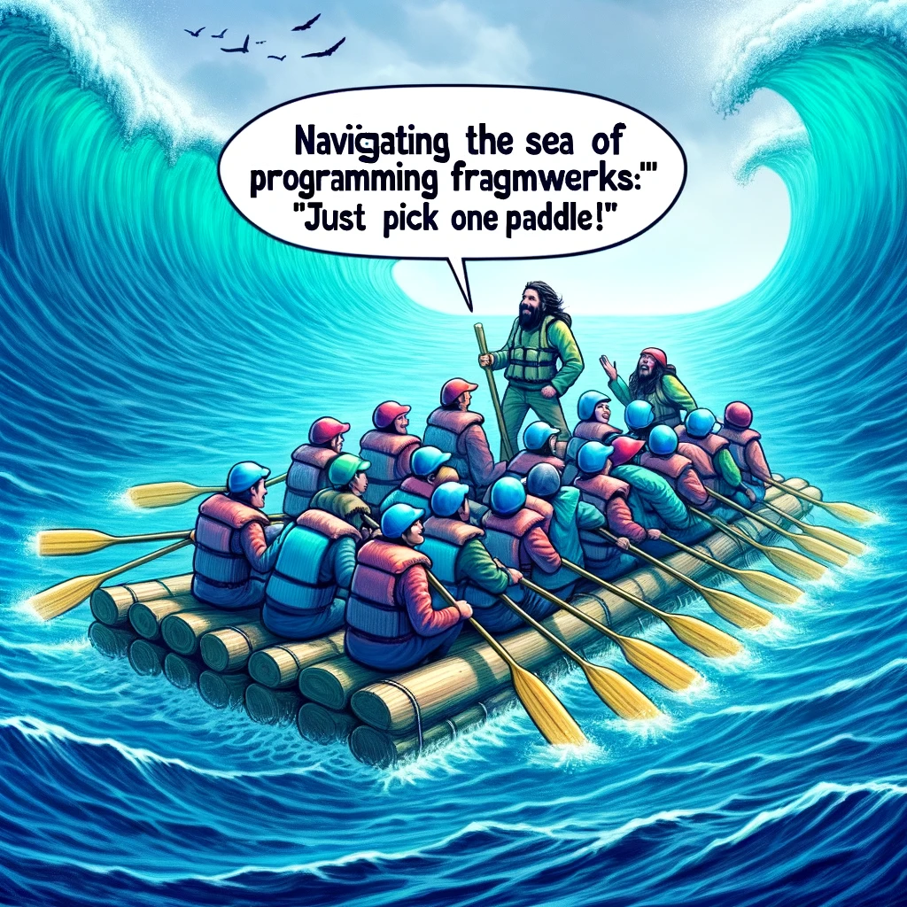 A programming meme showing a group of people in a raft on a digital ocean, with the caption "Navigating the sea of programming frameworks: 'Just pick one and paddle!'"
