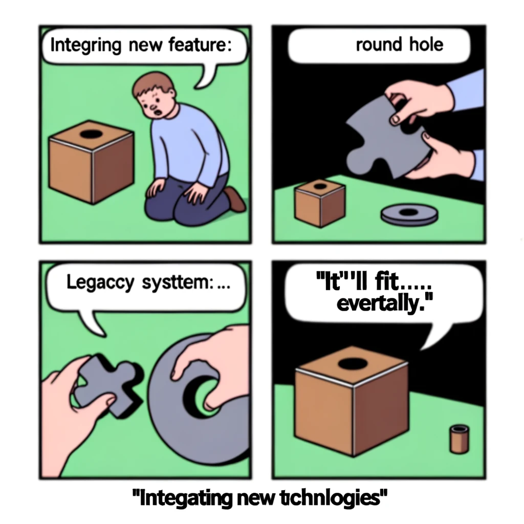 A programming meme showing a person trying to fit a square peg into a round hole, but the peg is labeled 'new feature' and the hole is labeled 'legacy system', with the caption "Integrating new technologies: 'It'll fit... eventually.'"