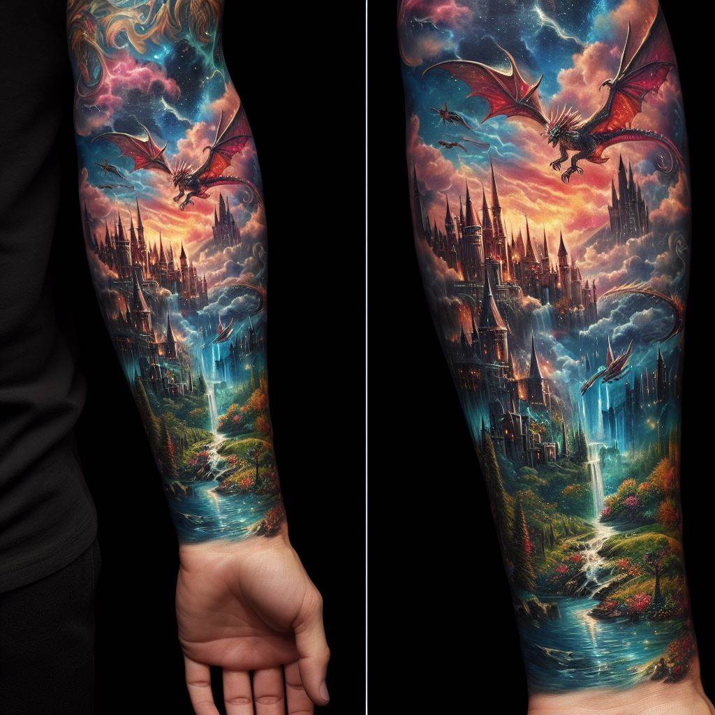 A forearm tattoo that unfolds into a breathtaking fantasy landscape, with elements such as a mystical forest, a towering castle, and a dragon soaring in the sky. This scene should merge the magical with the majestic, inviting the observer into a world beyond imagination. The design should be rich in color and detail, with a focus on creating a sense of wonder and adventure, set against a backdrop that highlights the fantastical nature of the landscape.