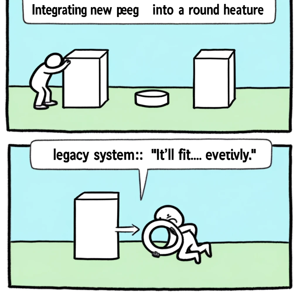 A programming meme showing a person trying to fit a square peg into a round hole, but the peg is labeled 'new feature' and the hole is labeled 'legacy system', with the caption "Integrating new technologies: 'It'll fit... eventually.'"