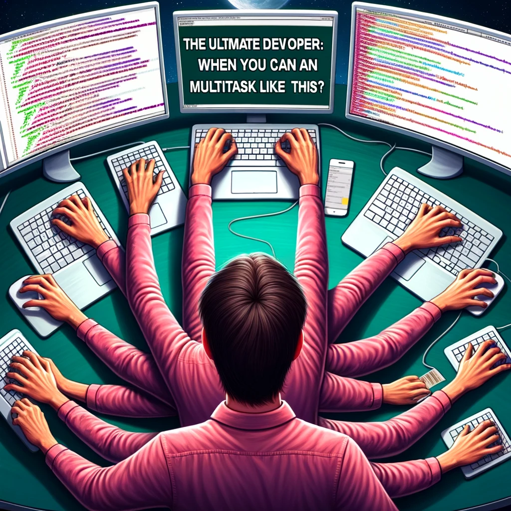 A programming meme showing a person with multiple arms, each typing on a different keyboard, with the caption "The ultimate developer: 'Who needs a team when you can multitask like this?'"