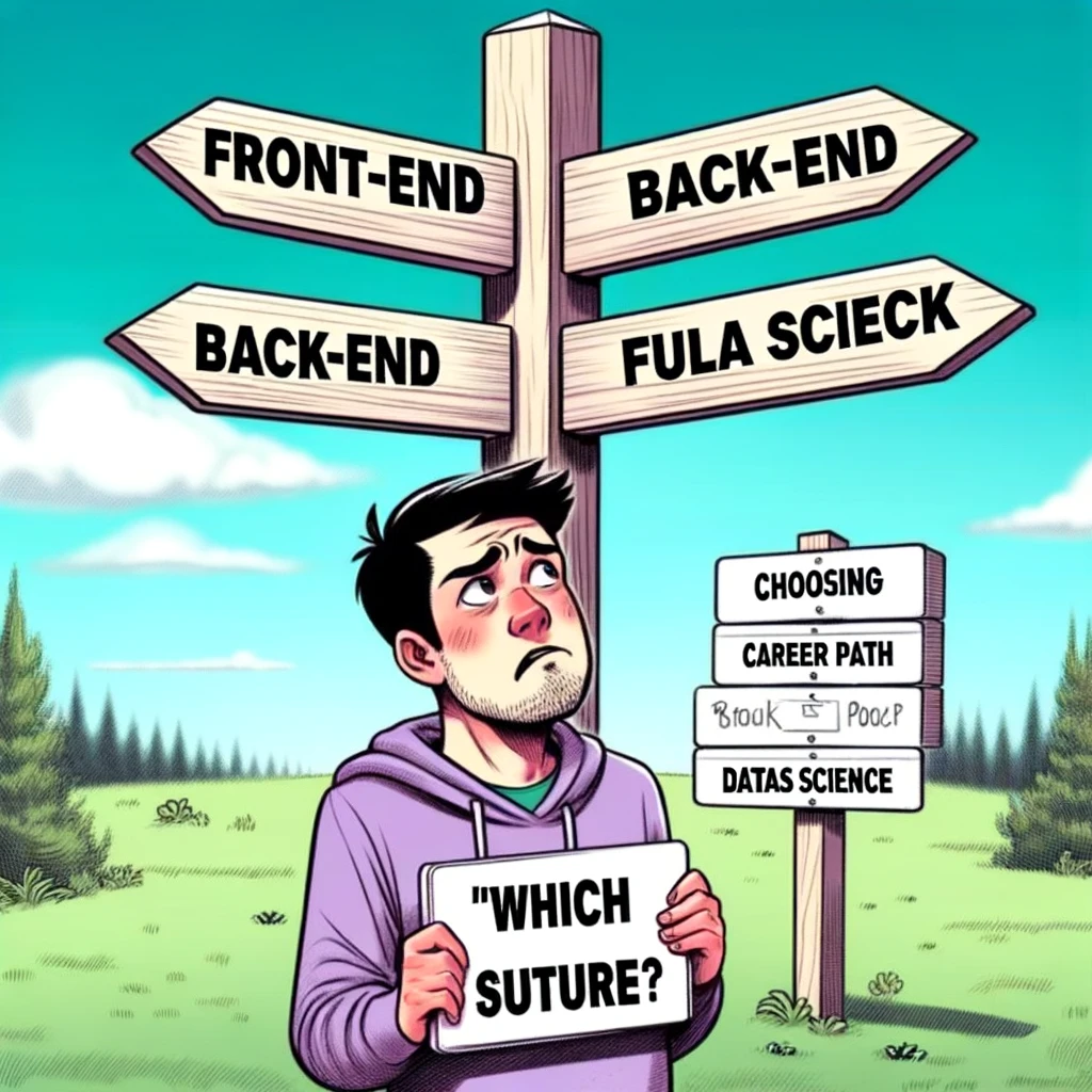 A programming meme showing a confused programmer at a crossroads sign, with directions labeled 'Front-end', 'Back-end', 'Full-stack', and 'Data Science', captioned "Choosing a career path in tech: 'Which way to the future?'"