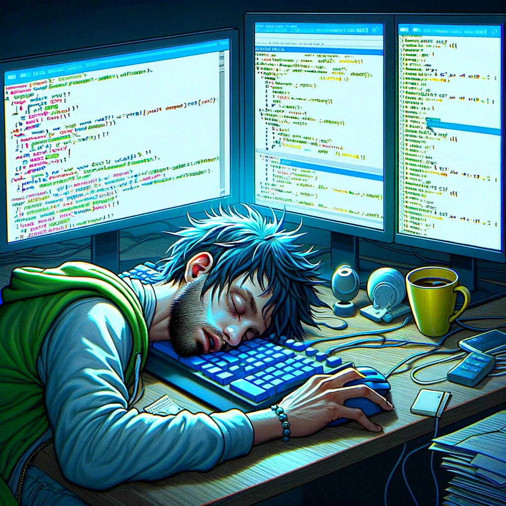 A programming meme showing a programmer asleep on the keyboard with code running on the screen, with the caption "Pulling an all-nighter: 'The code won't sleep, so why should I?'"