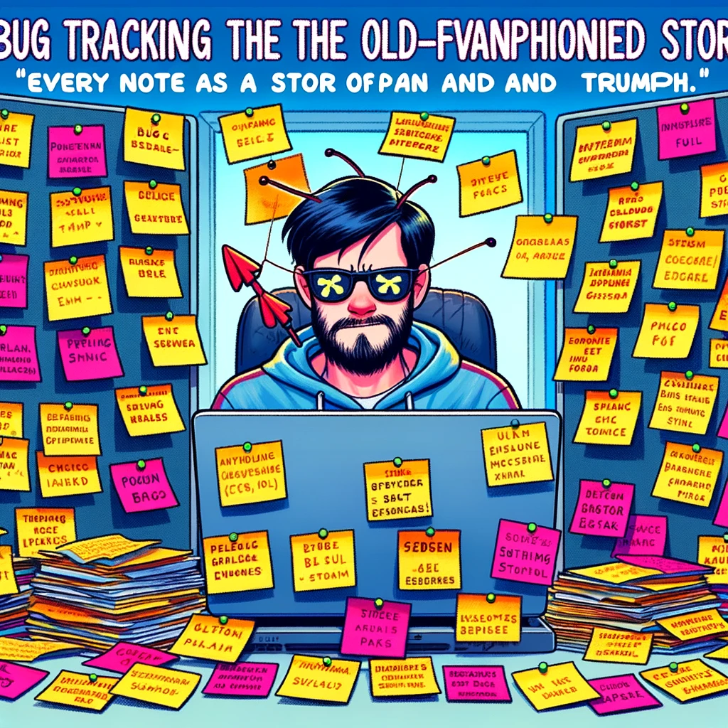A programming meme showing a programmer surrounded by sticky notes, each with a different bug report, captioned "Bug tracking the old-fashioned way: 'Every note is a story of pain and triumph.'"