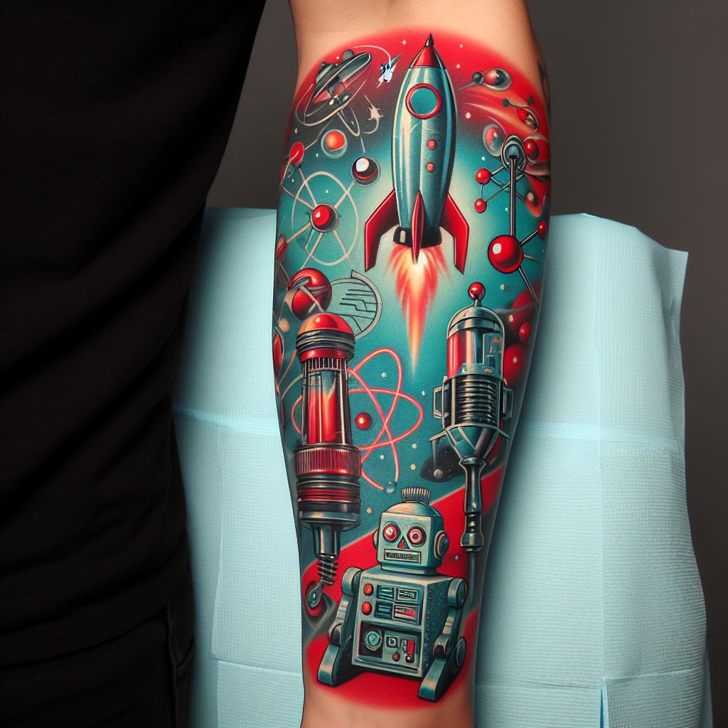 A forearm tattoo that captures the optimism and imagination of retro-futurism, featuring rocket ships, ray guns, robots, and stylized depictions of atoms and molecules, reminiscent of mid-20th-century science fiction. This design should blend vintage and futuristic aesthetics, employing a palette of chrome, red, blue, and teal to evoke a sense of nostalgia for the future as envisioned in the past. The tattoo should be a tribute to the era's unique blend of science, art, and speculative fiction, set against a backdrop that complements its retro-futuristic vibe.