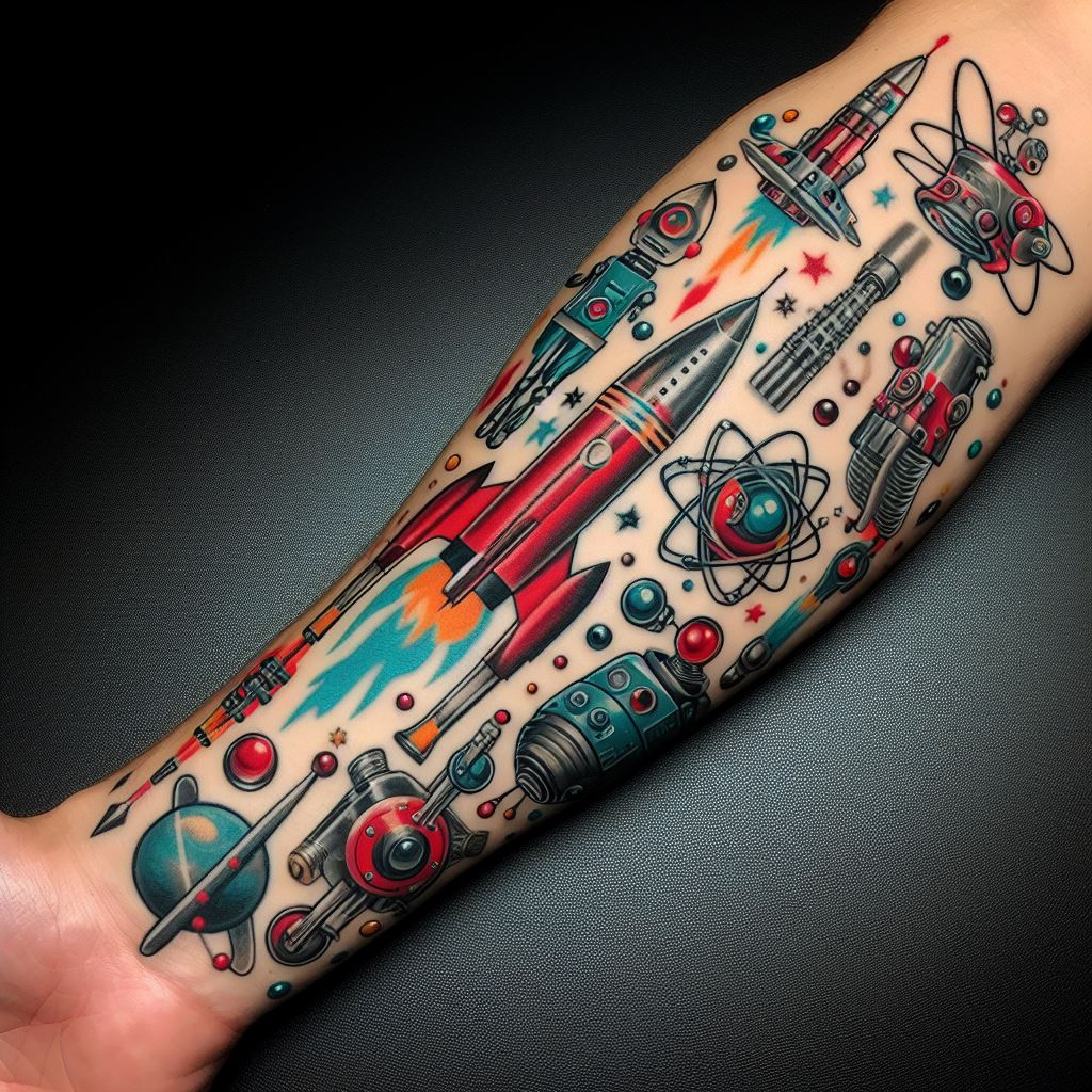 A forearm tattoo that captures the optimism and imagination of retro-futurism, featuring rocket ships, ray guns, robots, and stylized depictions of atoms and molecules, reminiscent of mid-20th-century science fiction. This design should blend vintage and futuristic aesthetics, employing a palette of chrome, red, blue, and teal to evoke a sense of nostalgia for the future as envisioned in the past. The tattoo should be a tribute to the era's unique blend of science, art, and speculative fiction, set against a backdrop that complements its retro-futuristic vibe.