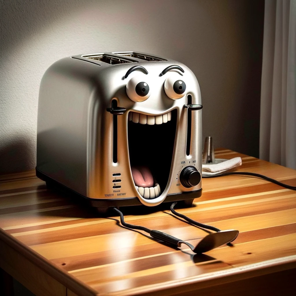 An imaginative scenario where an inanimate object, such as a toaster or a lamp, is personified and depicted in a screaming pose. The object is given cartoonish facial features, including a wide-open mouth and exaggerated expressions of surprise or dismay. This humorous image is set in a typical household environment, turning a mundane moment into a scene of comedic overreaction. A clever caption accompanies the image, playing on the absurdity of the situation and the unexpected emotional depth given to the object, creating a funny and memorable meme.