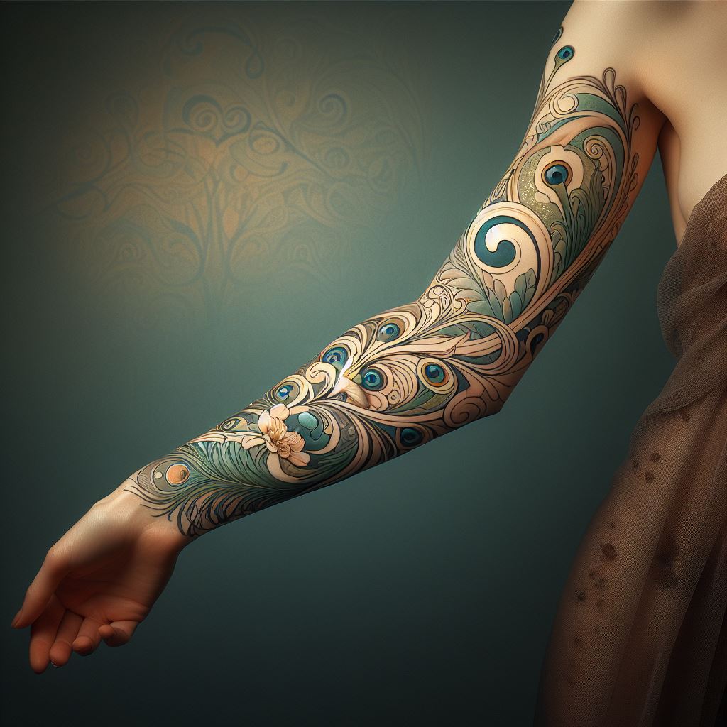 A forearm tattoo that embodies the elegance and flowing lines of Art Nouveau. This design should feature organic forms, such as stylized flowers, vines, and the iconic whiplash curves, intertwined with feminine silhouettes or peacock feathers. The color scheme should be soft and natural, with muted greens, blues, and golds, creating a harmonious and decorative pattern that wraps gracefully around the arm, against a backdrop that accentuates the delicate and intricate style of Art Nouveau.