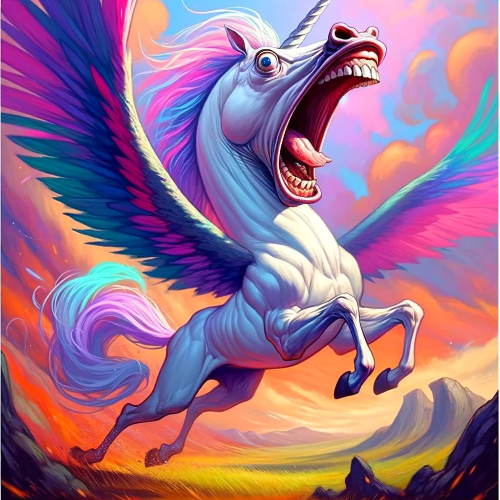 A whimsical depiction of a mythical creature, such as a unicorn or dragon, in a dramatic screaming pose. The creature is illustrated in a vibrant, cartoonish style, caught in an exaggeratedly emotional moment that adds a layer of humor and fantasy. The background is a fantastical landscape, further enhancing the surreal and amusing quality of the scene. Accompanying the image is a playful caption that ties the creature's reaction to a relatable yet absurdly fantastical scenario, making the meme engaging and shareable.