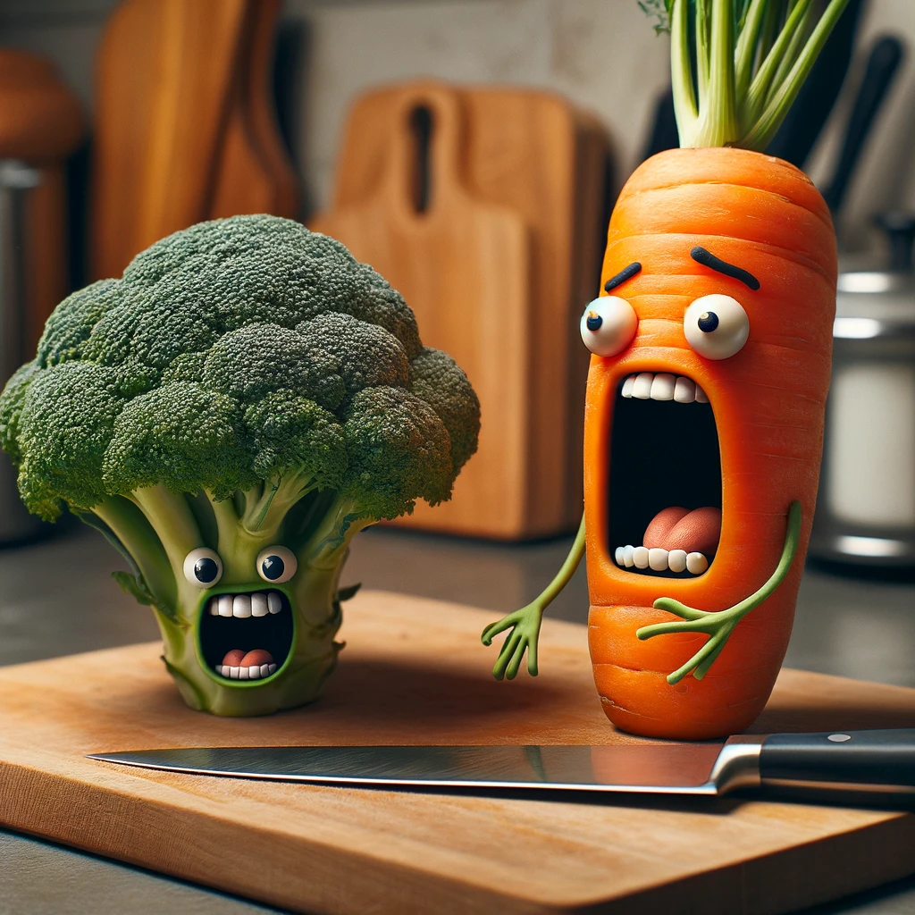 A comical depiction of a vegetable, like a carrot or a broccoli, with a cartoon face in a screaming pose. The vegetable is anthropomorphized, adding humor by giving it human-like expressions of panic or surprise. This image takes place in a kitchen setting, adding a layer of irony to the vegetable's exaggerated reaction to a common kitchen scenario, such as being about to be chopped. The caption is witty, making a pun or joke related to the vegetable's plight, creating a humorous and memorable meme that plays on the absurdity of the situation.