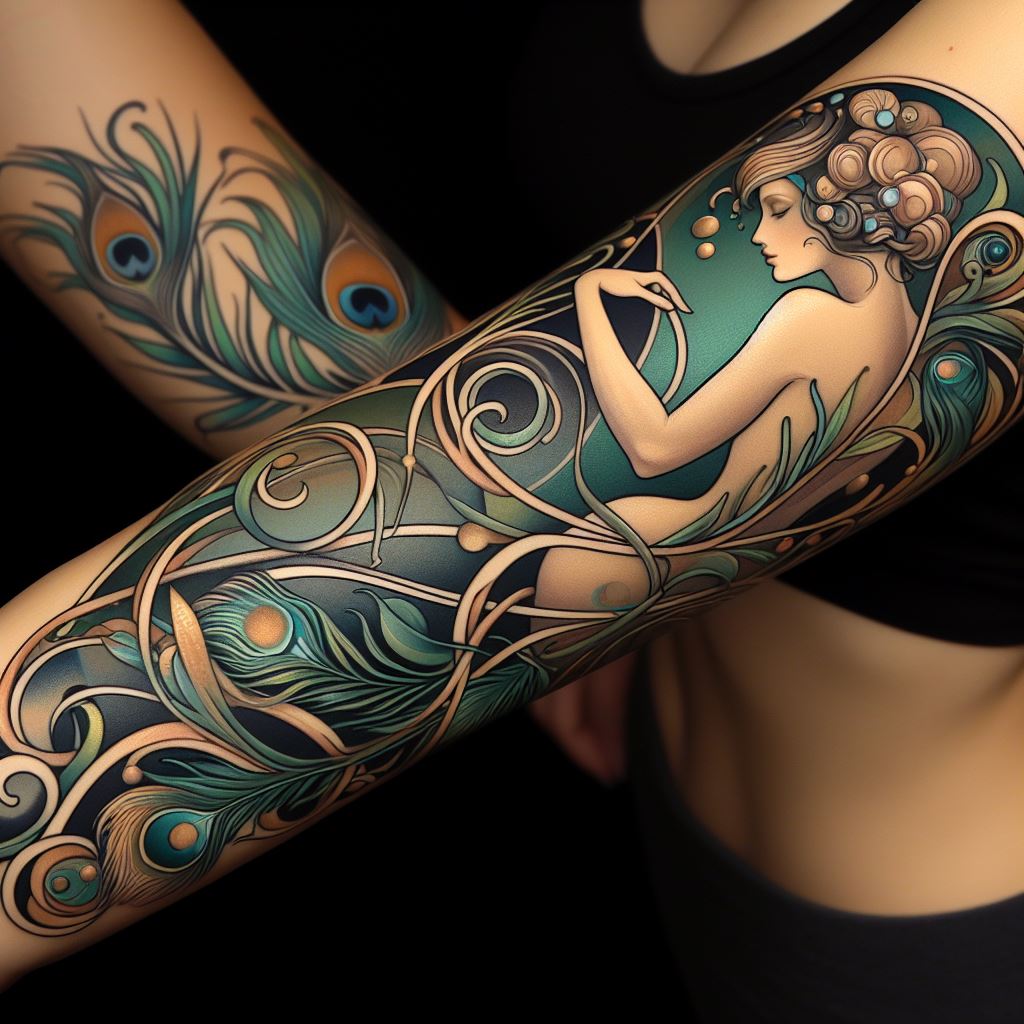 A forearm tattoo that embodies the elegance and flowing lines of Art Nouveau. This design should feature organic forms, such as stylized flowers, vines, and the iconic whiplash curves, intertwined with feminine silhouettes or peacock feathers. The color scheme should be soft and natural, with muted greens, blues, and golds, creating a harmonious and decorative pattern that wraps gracefully around the arm, against a backdrop that accentuates the delicate and intricate style of Art Nouveau.