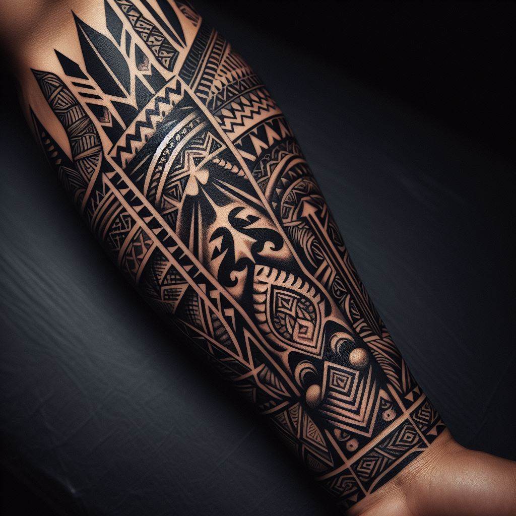 A tattoo that explores the rich tradition of Polynesian tattoo art, covering the forearm with symbolic patterns such as spearheads, shark teeth, and the turtle shell motif. This design should pay homage to the cultural significance of each element, representing strength, protection, and guidance. The tattoo should be in bold black ink, utilizing the contrast between the intricate patterns and the skin to emphasize the depth and texture of the tribal designs.