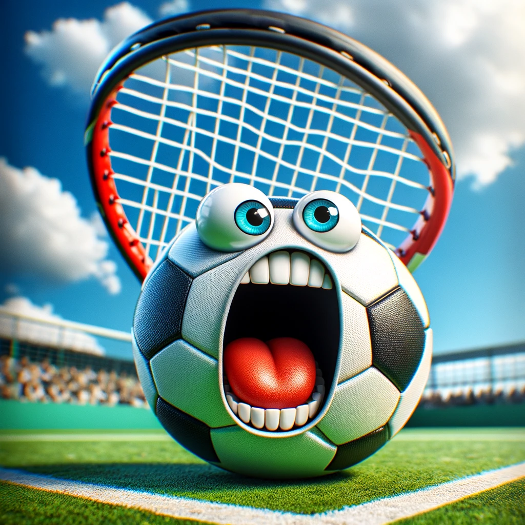 A funny image of a sports equipment, like a soccer ball or a tennis racket, with a cartoon face screaming in shock. This humorous take gives the equipment an exaggerated emotional reaction, perhaps to being used in a game or about to be struck. The background can be a sports field or court, adding context to the equipment's dramatic expression. A playful caption adds to the humor, making a pun or joke about the sports scenario, creating a shareable and amusing meme that sports fans and others alike can enjoy.