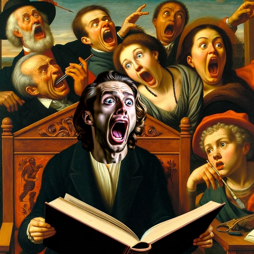 An amusing depiction of a classic book or a famous painting, reimagined with the main subject screaming. This creative twist involves giving a humorous makeover to well-known cultural icons, with the subject's expression altered to convey exaggerated shock, dismay, or excitement. The setting retains the original's atmosphere but adds a layer of comedic absurdity. Accompanied by a witty caption that plays on the original work's title or theme, this meme offers a clever and entertaining reinterpretation that bridges classic art and modern humor.