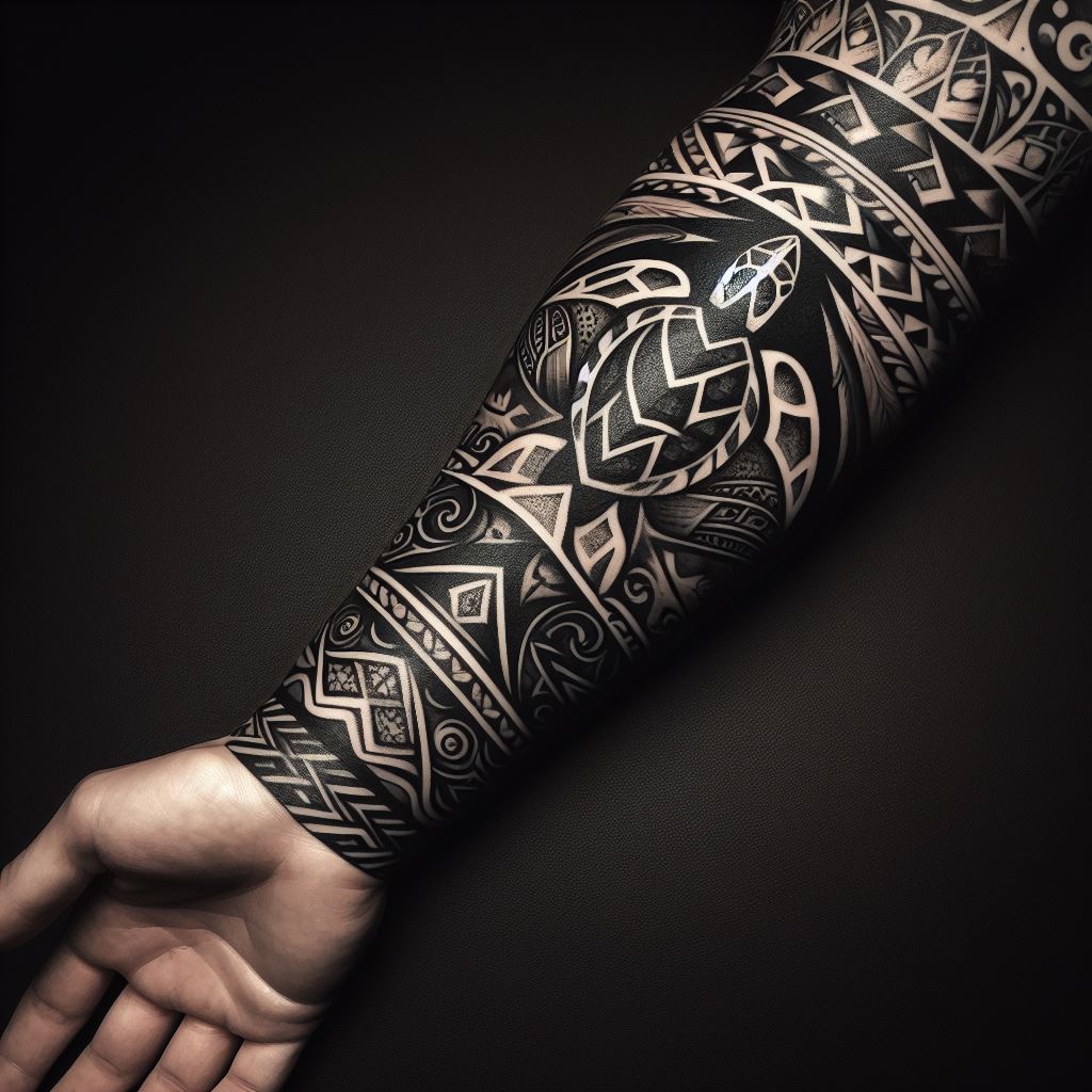 A tattoo that explores the rich tradition of Polynesian tattoo art, covering the forearm with symbolic patterns such as spearheads, shark teeth, and the turtle shell motif. This design should pay homage to the cultural significance of each element, representing strength, protection, and guidance. The tattoo should be in bold black ink, utilizing the contrast between the intricate patterns and the skin to emphasize the depth and texture of the tribal designs.