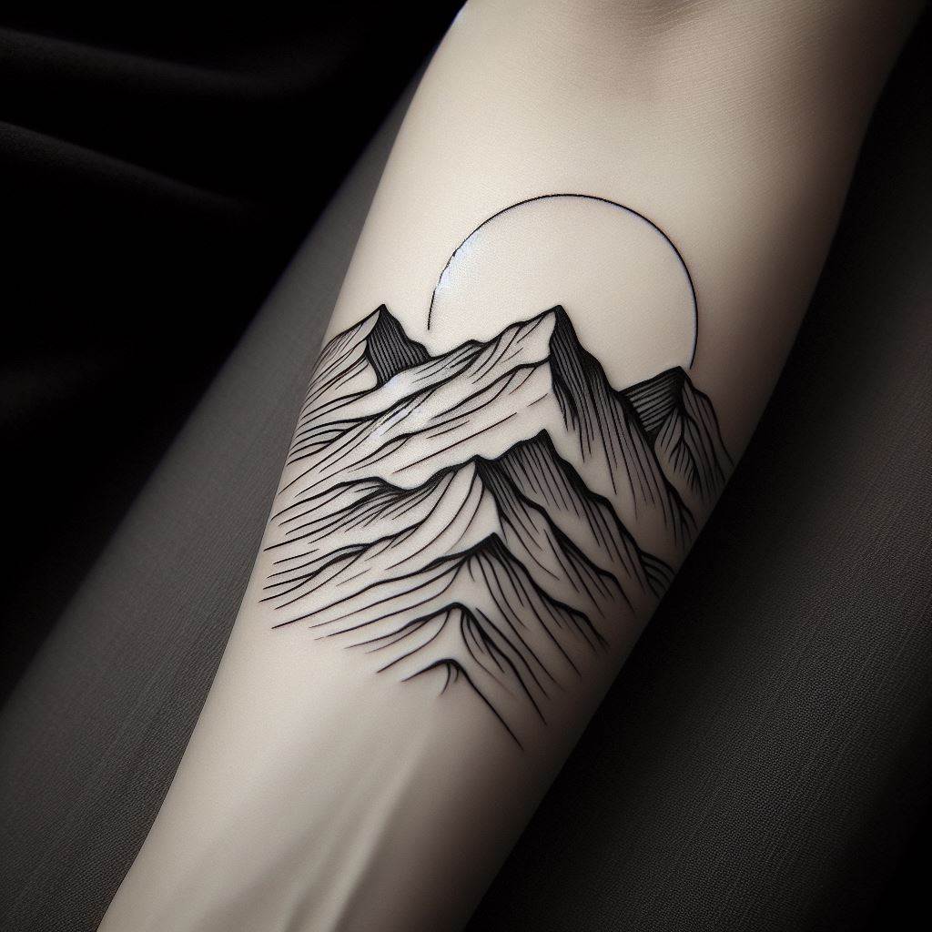 A forearm tattoo that captures the serene beauty of a mountain range in a minimalist style. This design should consist of clean, crisp lines outlining peaks and valleys, possibly incorporating a sun or moon horizon for added depth. The use of minimal color, perhaps just shades of black or grey, against a backdrop that highlights the simplicity and elegance of the minimalist approach, creating a peaceful and timeless landscape on the arm.