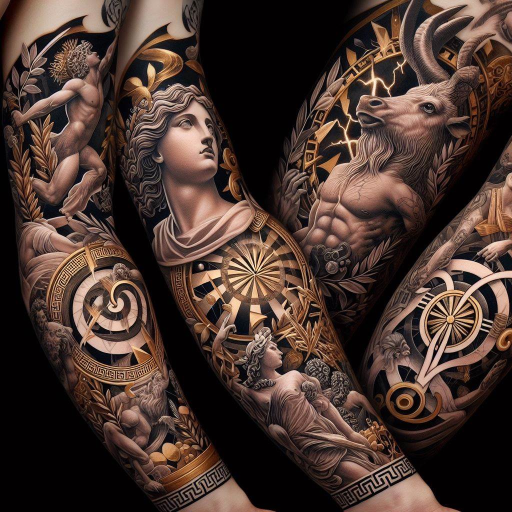 A tattoo that brings the gods, goddesses, and mythical creatures of Ancient Greek mythology to life on the forearm. This design could feature iconic figures such as Athena, Zeus, or the Minotaur, intertwined with elements like olive branches, lightning bolts, or the labyrinth. The artwork should be rich in detail and classical motifs, using a palette of gold, white, and black to highlight the legendary tales and characters, set against a backdrop that enhances the ancient and mythological theme.