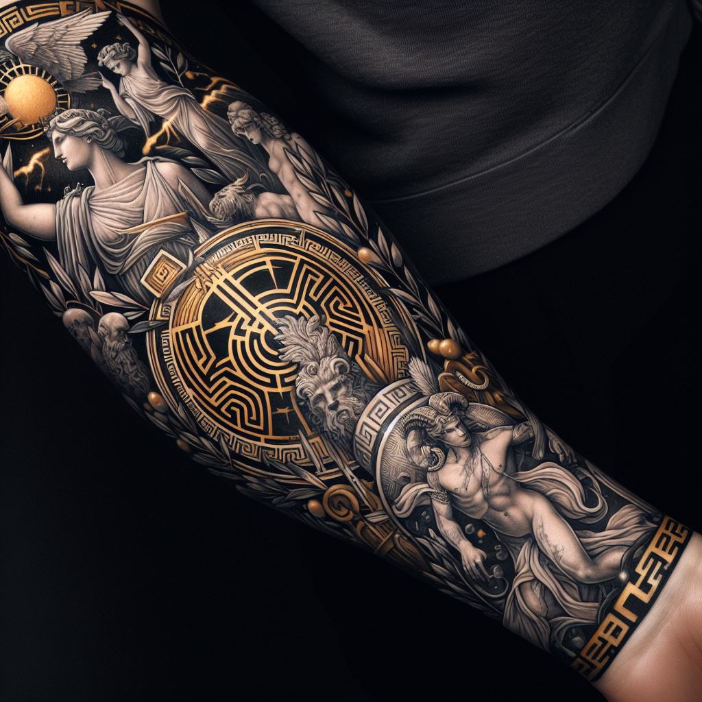 A tattoo that brings the gods, goddesses, and mythical creatures of Ancient Greek mythology to life on the forearm. This design could feature iconic figures such as Athena, Zeus, or the Minotaur, intertwined with elements like olive branches, lightning bolts, or the labyrinth. The artwork should be rich in detail and classical motifs, using a palette of gold, white, and black to highlight the legendary tales and characters, set against a backdrop that enhances the ancient and mythological theme.