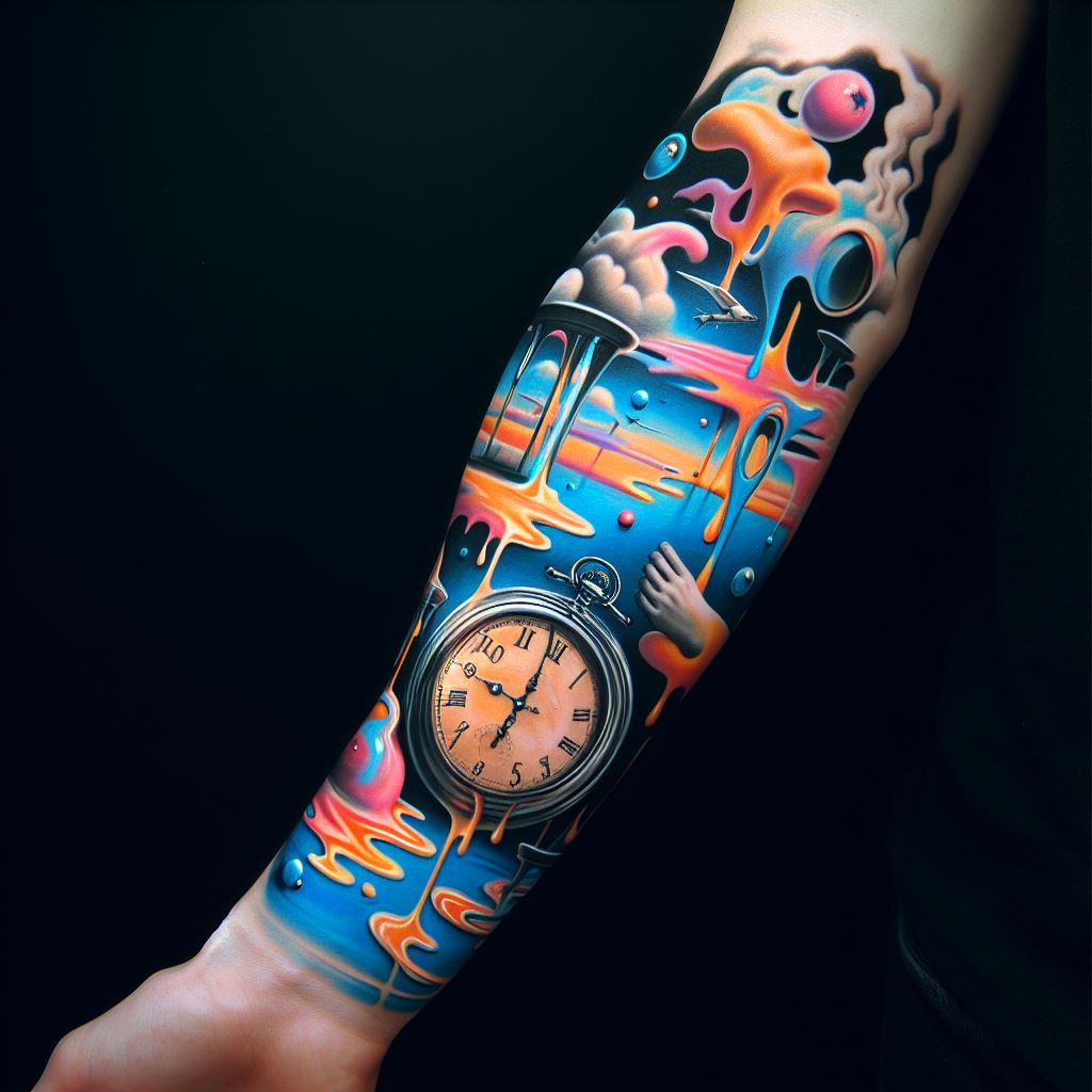 A forearm tattoo that delves into the surreal, inspired by the dream-like landscapes and impossible objects found in Surrealist art. This design might include melting clocks, floating objects, or distorted figures, arranged in a way that challenges perceptions and invites curiosity. The color scheme should be vibrant and otherworldly, creating a striking contrast that accentuates the surreal nature of the design, against a backdrop that complements the tattoo's dreamy and enigmatic quality.