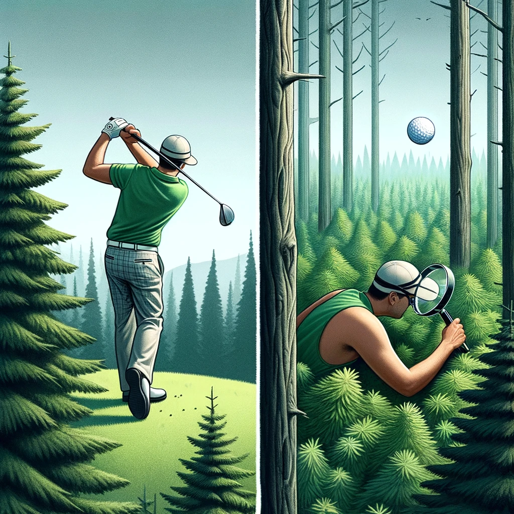 An image split in two, with the top half showing a golfer confidently hitting a ball towards a vast forest, and the bottom half depicting the same golfer equipped with a magnifying glass, searching among dense trees. The scene is humorously captioned: "Optimism vs. Reality." The golfer is dressed in typical golf attire, and the forest is lush and green, emphasizing the contrast between the hopeful shot and the daunting task of finding the ball.