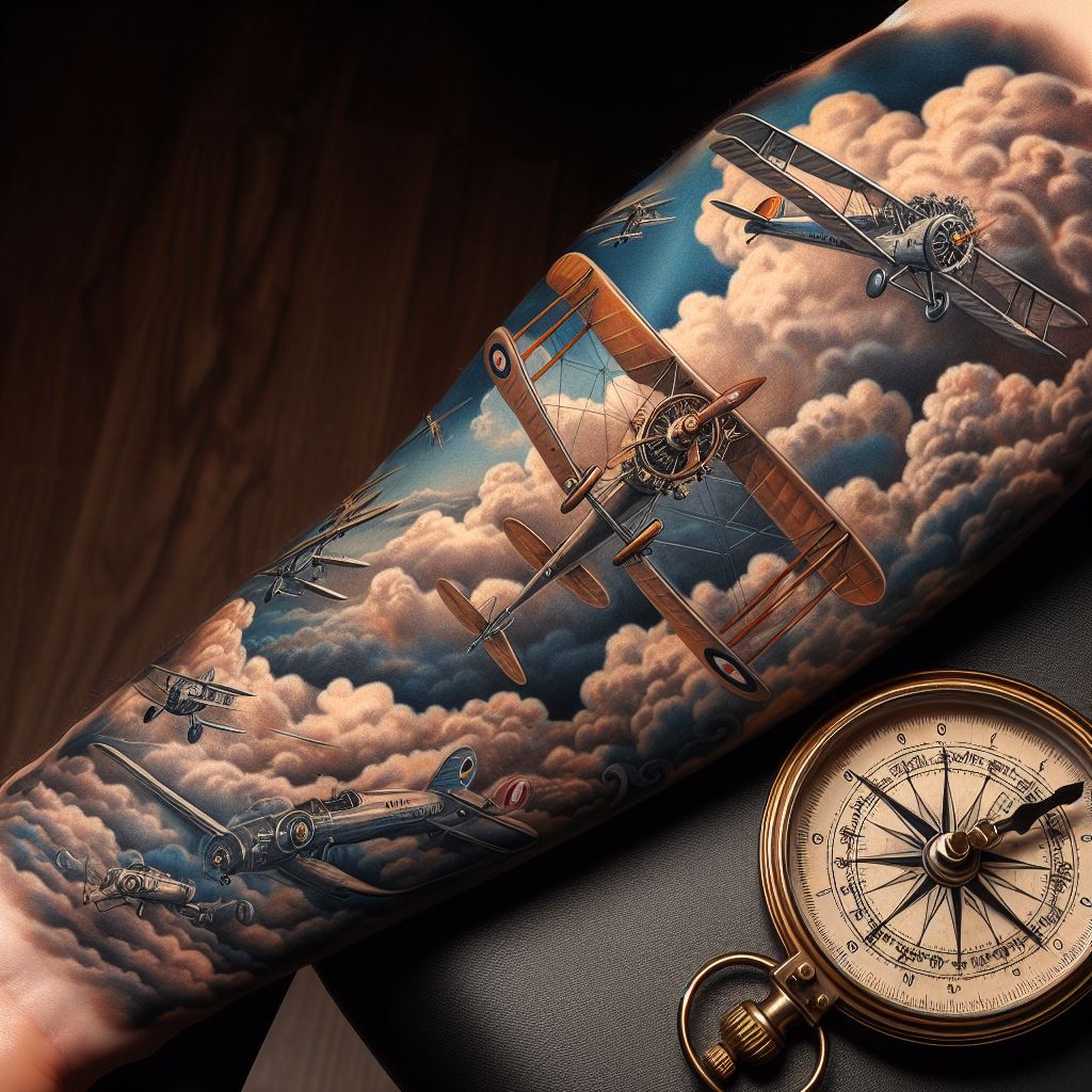 A forearm tattoo dedicated to the golden age of aviation, featuring classic aircraft, such as biplanes and early commercial airliners, set against a backdrop of fluffy clouds and perhaps an old-fashioned compass or map. The design should capture the spirit of adventure and the elegance of early flight, using a palette of soft blues, sepia tones, and creams to evoke nostalgia. The intricate details of the planes and the sense of movement in the clouds should be highlighted against a skin-toned backdrop, celebrating the history and romance of vintage aviation.