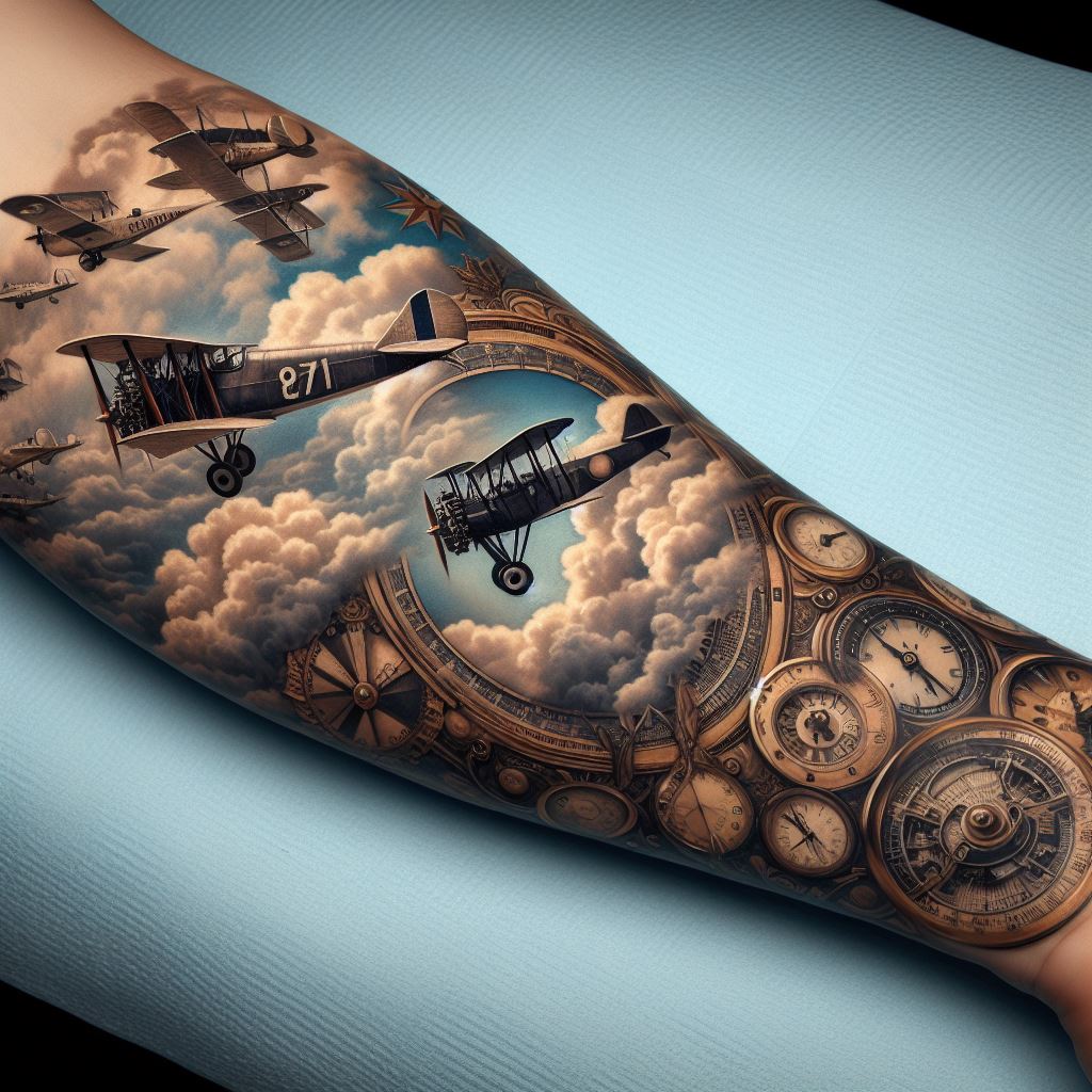 A forearm tattoo dedicated to the golden age of aviation, featuring classic aircraft, such as biplanes and early commercial airliners, set against a backdrop of fluffy clouds and perhaps an old-fashioned compass or map. The design should capture the spirit of adventure and the elegance of early flight, using a palette of soft blues, sepia tones, and creams to evoke nostalgia. The intricate details of the planes and the sense of movement in the clouds should be highlighted against a skin-toned backdrop, celebrating the history and romance of vintage aviation.