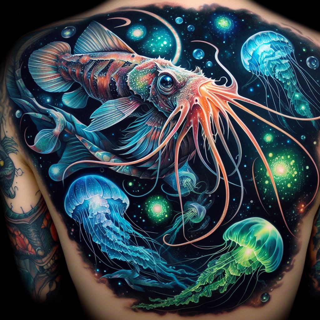 A tattoo that plunges into the mysteries of the deep sea, featuring the exotic marine life of the ocean's depths, such as anglerfish, giant squids, and bioluminescent jellyfish. The design should convey the alien beauty and darkness of the deep sea, with creatures illuminated as if by their own light, against the inky blackness of the ocean. Utilize vibrant blues, greens, and neon colors to capture the eerie glow of deep-sea life, creating a captivating scene that wraps around the forearm.