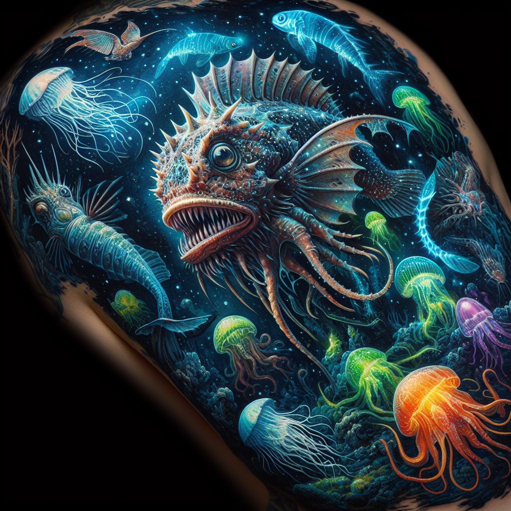 A tattoo that plunges into the mysteries of the deep sea, featuring the exotic marine life of the ocean's depths, such as anglerfish, giant squids, and bioluminescent jellyfish. The design should convey the alien beauty and darkness of the deep sea, with creatures illuminated as if by their own light, against the inky blackness of the ocean. Utilize vibrant blues, greens, and neon colors to capture the eerie glow of deep-sea life, creating a captivating scene that wraps around the forearm.