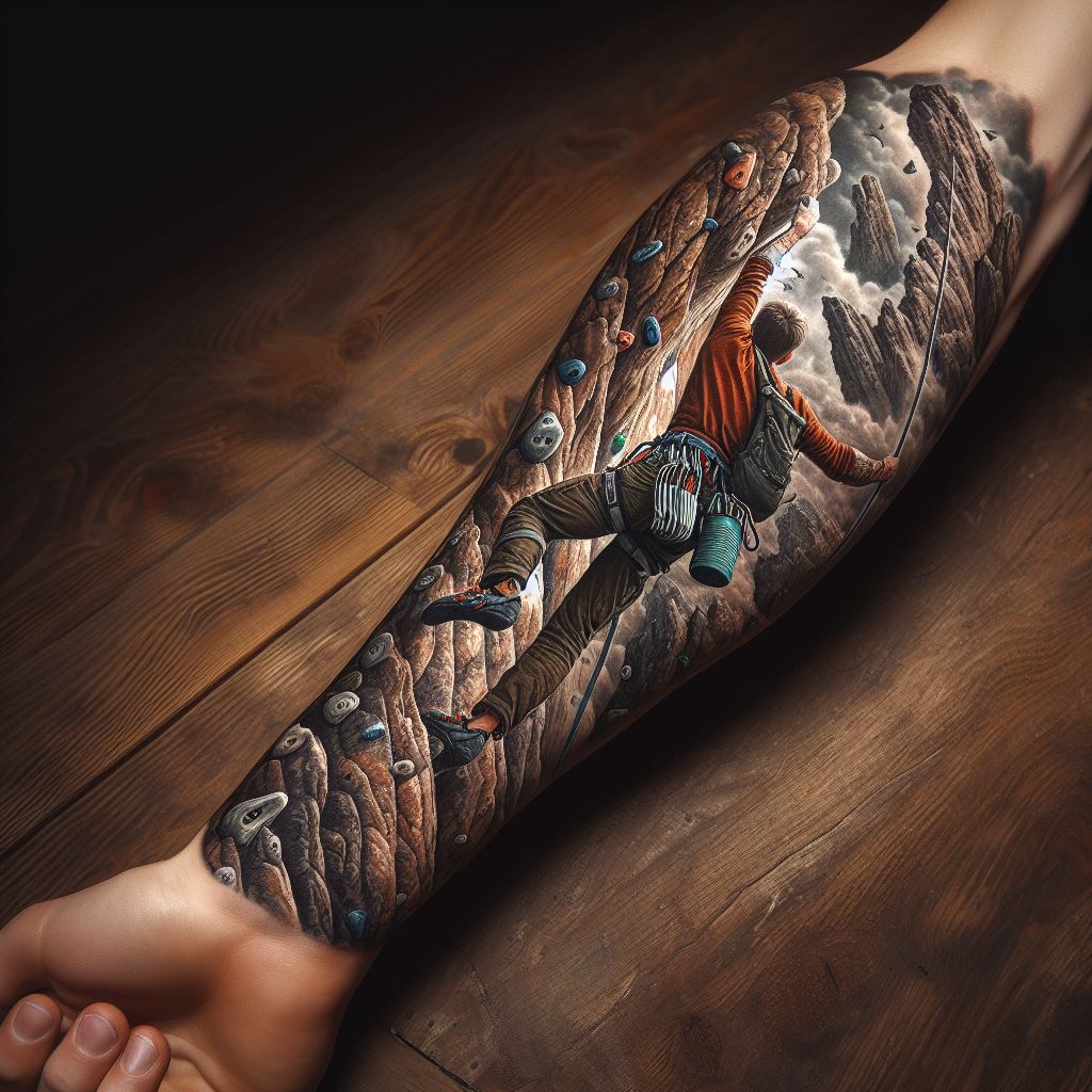 A forearm tattoo that celebrates the thrill of rock climbing, depicting a climber ascending a rugged cliff face, with detailed elements like ropes, carabiners, and chalk bags. The tattoo should convey the texture of the rock and the determination of the climber, set against a backdrop of a majestic mountain landscape. The color scheme should be earthy, with shades of brown, grey, and green, highlighting the connection between the climber and the natural world.