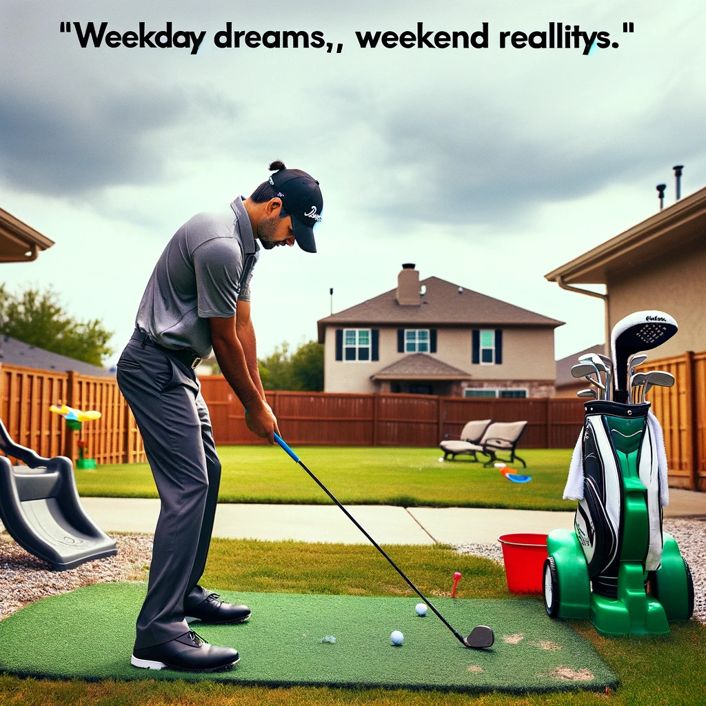 A golfer dressed in full professional attire is standing in a suburban backyard, practicing swings with a child's plastic golf club. The scene captures the humor of high aspirations versus modest realities, captioned: "Weekday dreams, weekend realities." The golfer appears earnest and focused, despite the juxtaposition of their professional gear and the informal setting, adding a comedic twist to the image of ambition constrained by circumstance.