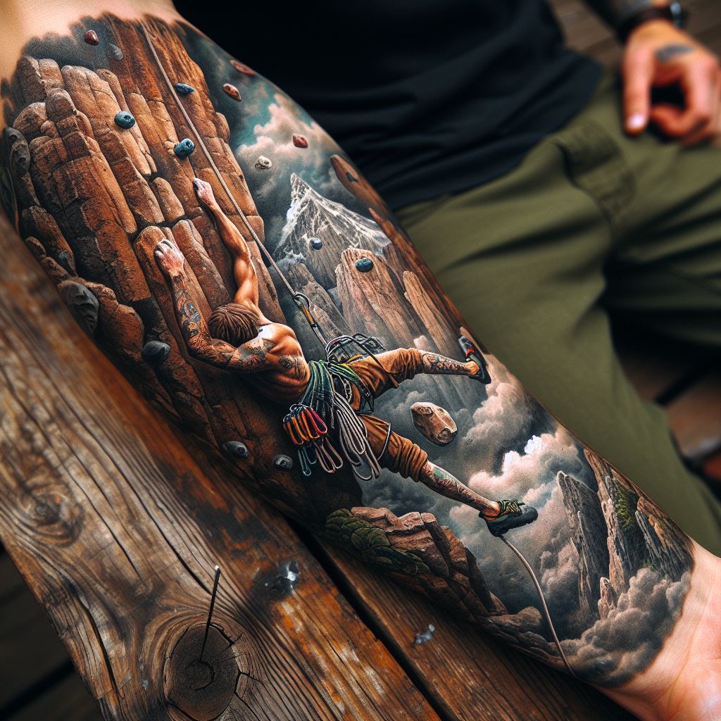 A forearm tattoo that celebrates the thrill of rock climbing, depicting a climber ascending a rugged cliff face, with detailed elements like ropes, carabiners, and chalk bags. The tattoo should convey the texture of the rock and the determination of the climber, set against a backdrop of a majestic mountain landscape. The color scheme should be earthy, with shades of brown, grey, and green, highlighting the connection between the climber and the natural world.