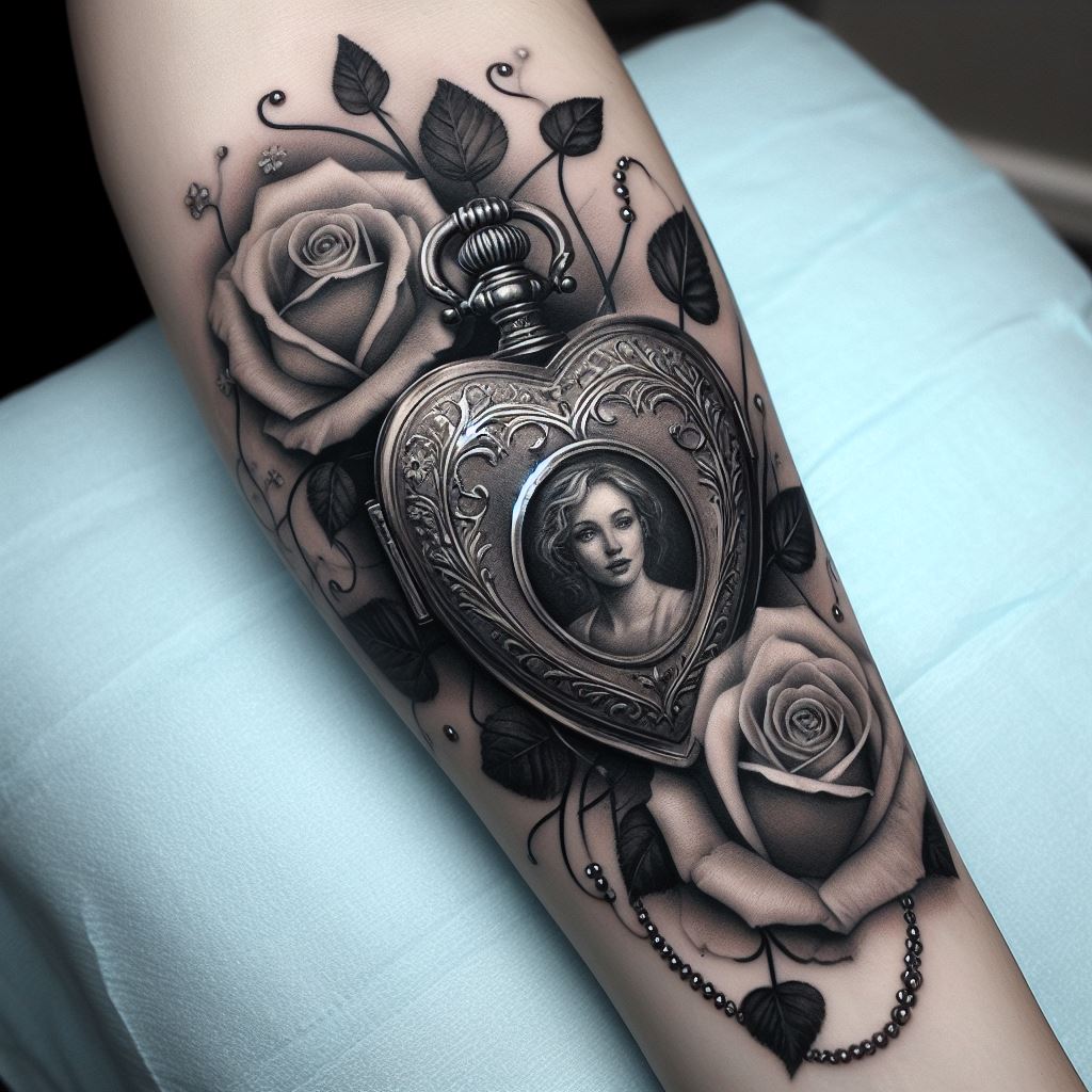 A detailed black and grey tattoo on a forearm, featuring a realistic heart-shaped locket with an open cover revealing a portrait inside. Surround the locket with delicate roses and ivy, symbolizing eternal love and memory. The background should softly fade out to blend seamlessly with the skin.