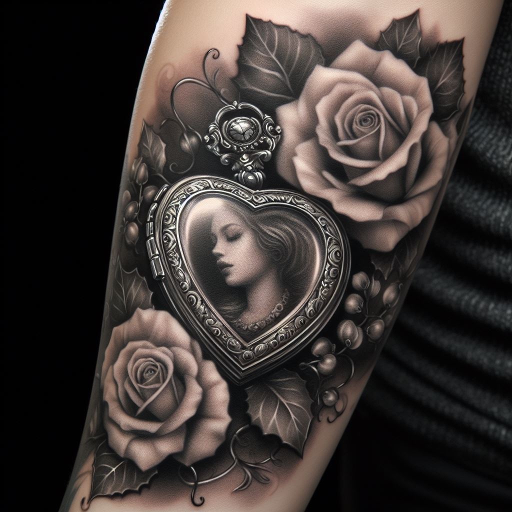 A detailed black and grey tattoo on a forearm, featuring a realistic heart-shaped locket with an open cover revealing a portrait inside. Surround the locket with delicate roses and ivy, symbolizing eternal love and memory. The background should softly fade out to blend seamlessly with the skin.