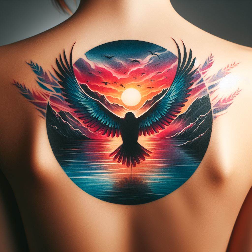 A back shoulder tattoo in vibrant colors, showing a serene landscape within a silhouette of a bird in flight. The landscape should depict a sunset over a calm lake, with mountains in the distance, representing freedom and the journey of the soul. The bird's wings should be detailed and spread wide, touching the very essence of peace and departure.